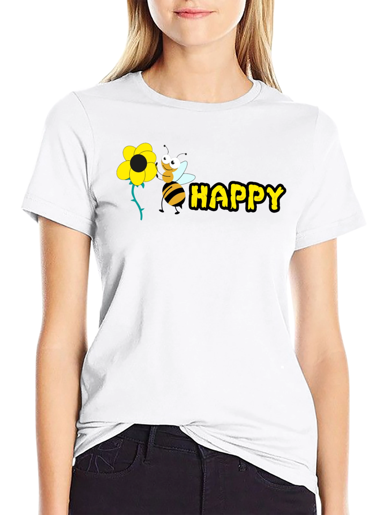 Happy Bee Graphic Tee - Black Cotton T-Shirt