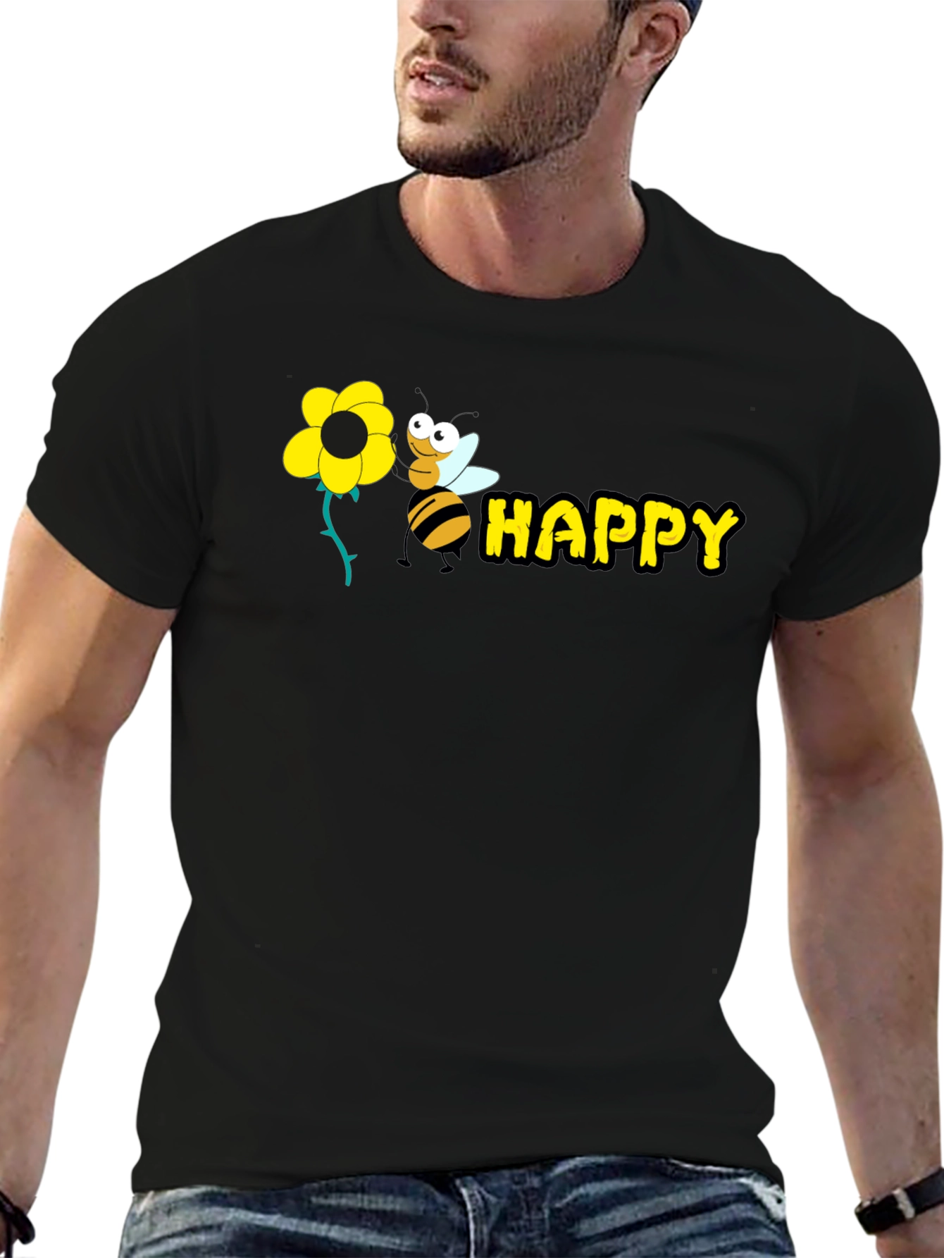 Happy Bee Graphic Tee - Black Cotton T-Shirt