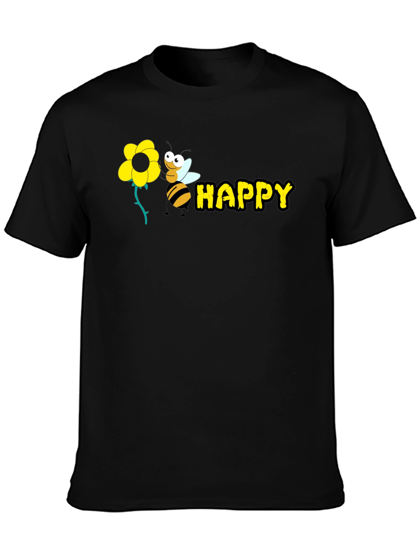 Happy Bee Graphic Tee - Black Cotton T-Shirt