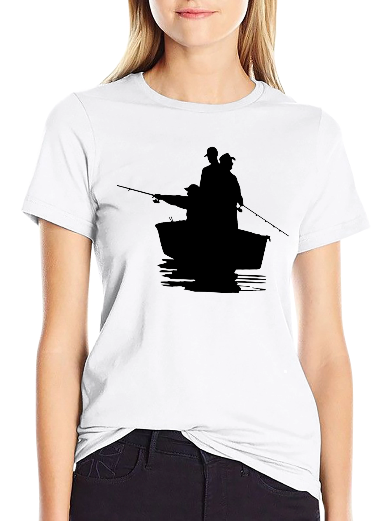 Mens Black Fishing Boat Silhouette T-Shirt