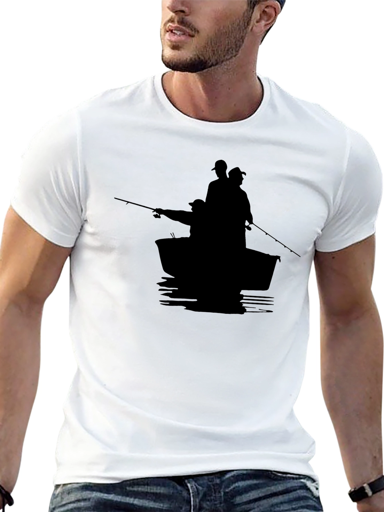 Mens Black Fishing Boat Silhouette T-Shirt