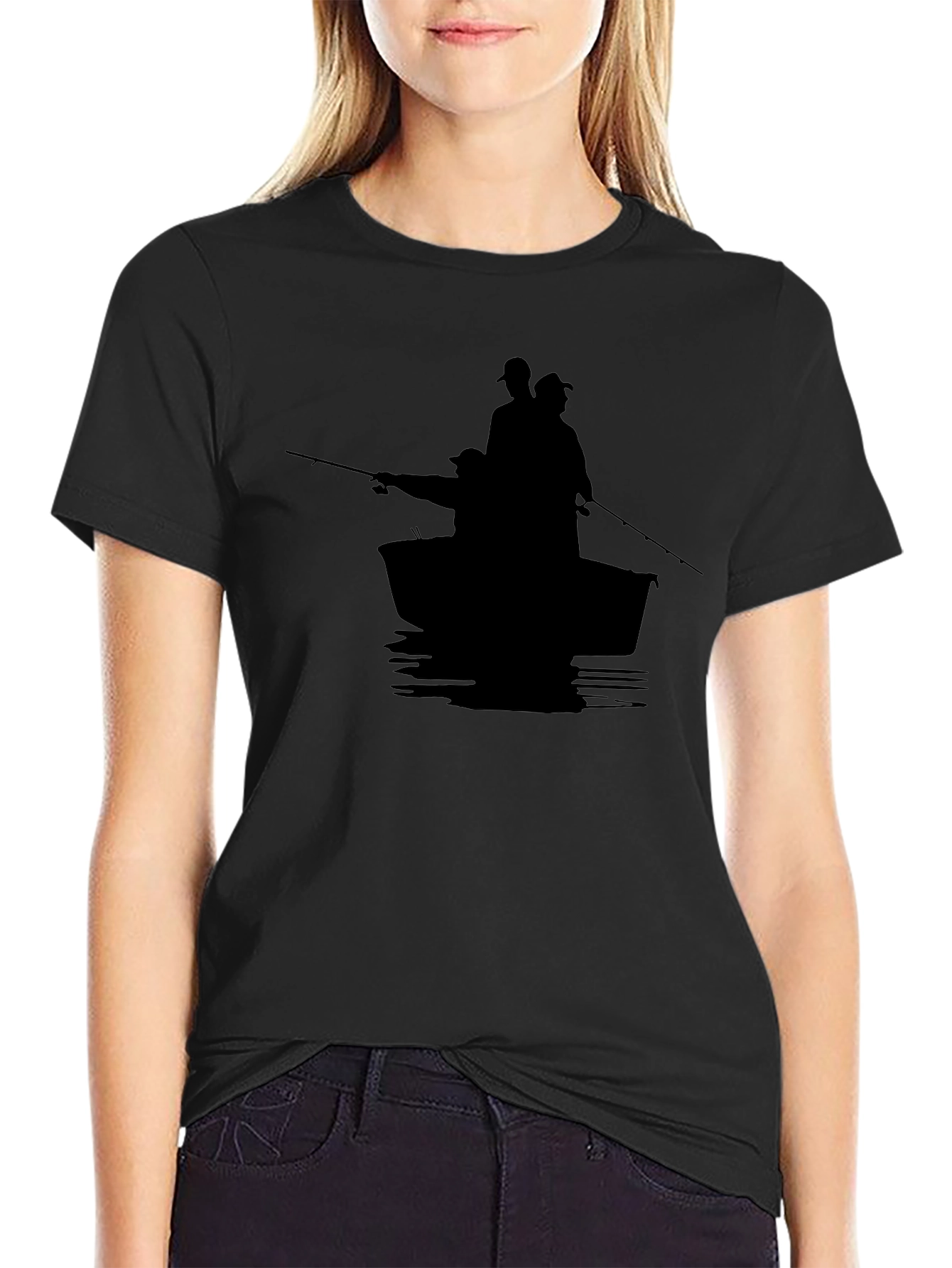 Mens Black Fishing Boat Silhouette T-Shirt