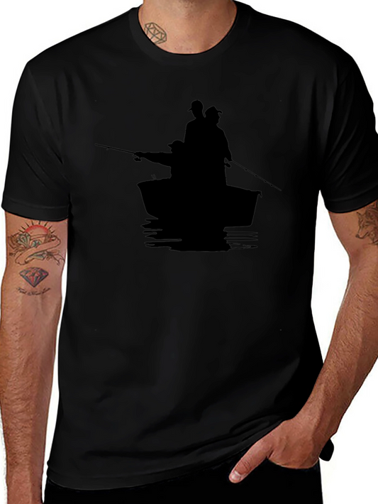Mens Black Fishing Boat Silhouette T-Shirt