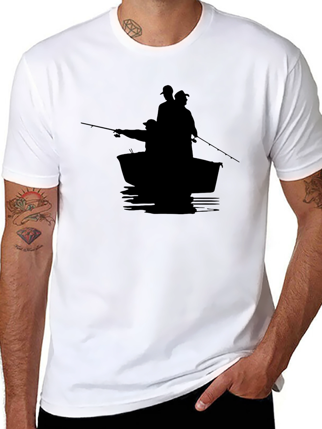 Mens Black Fishing Boat Silhouette T-Shirt