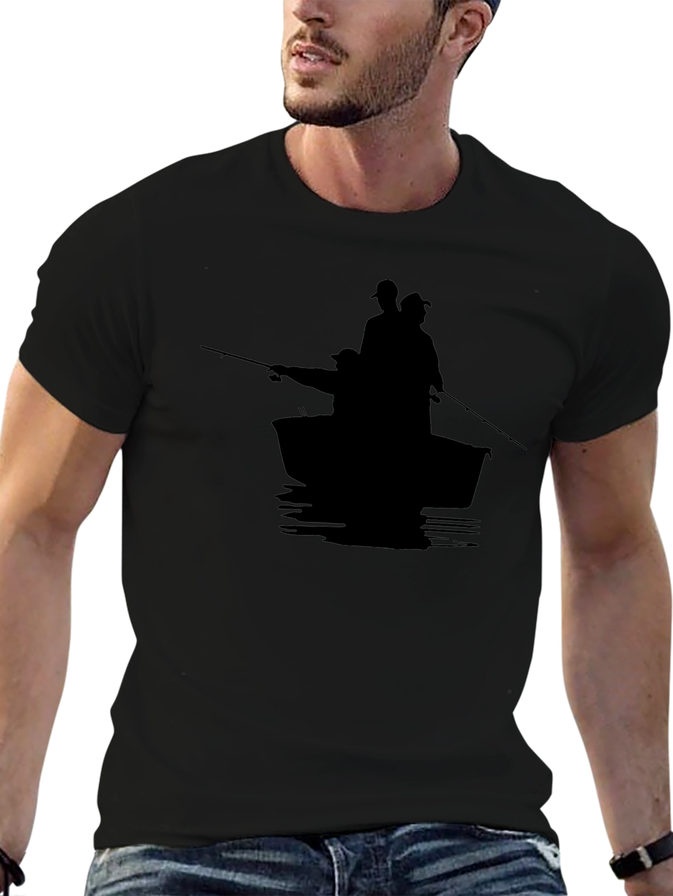 Mens Black Fishing Boat Silhouette T-Shirt