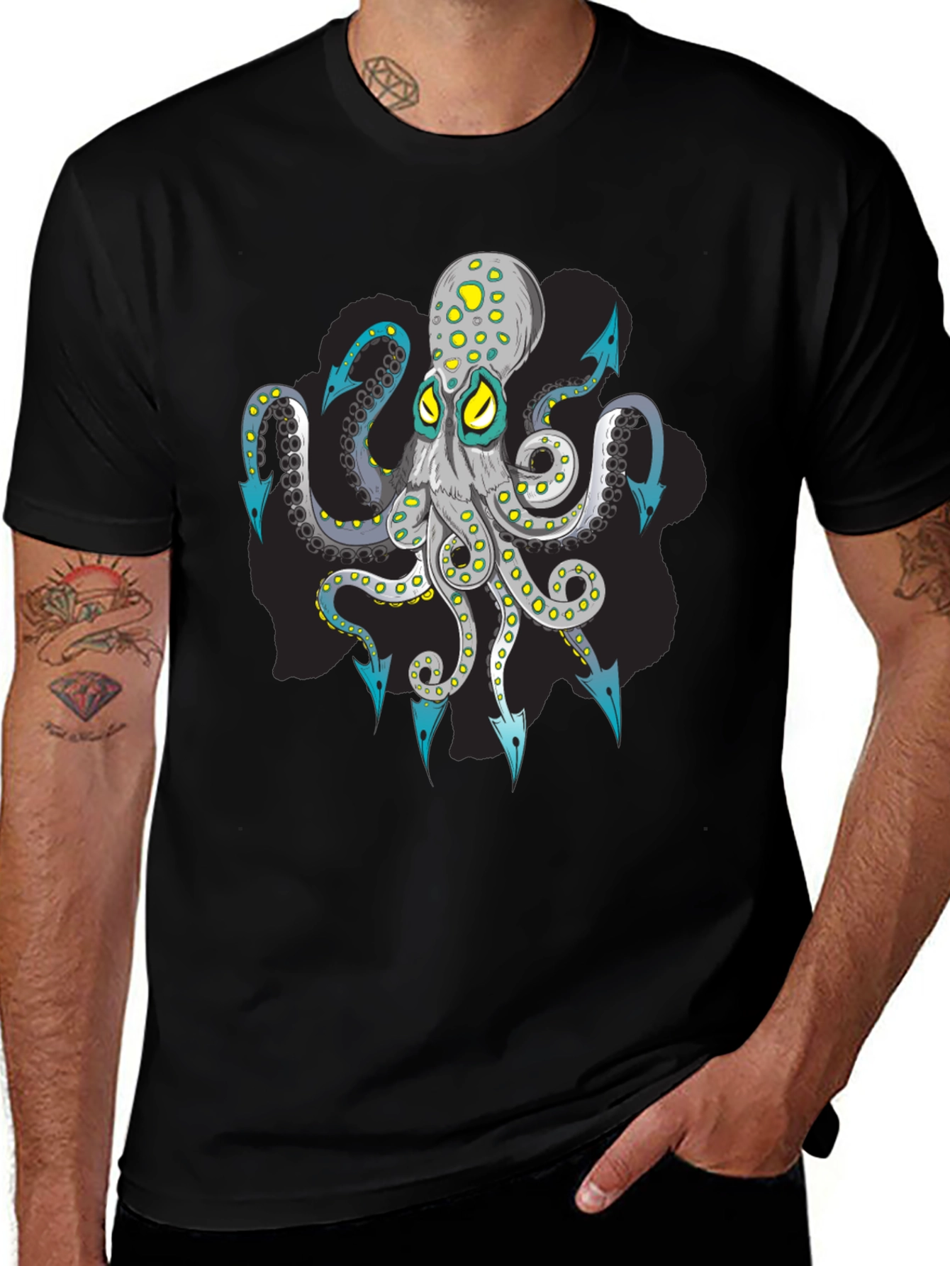 Octopus Arrow Graphic Tee - Black Cotton T-Shirt