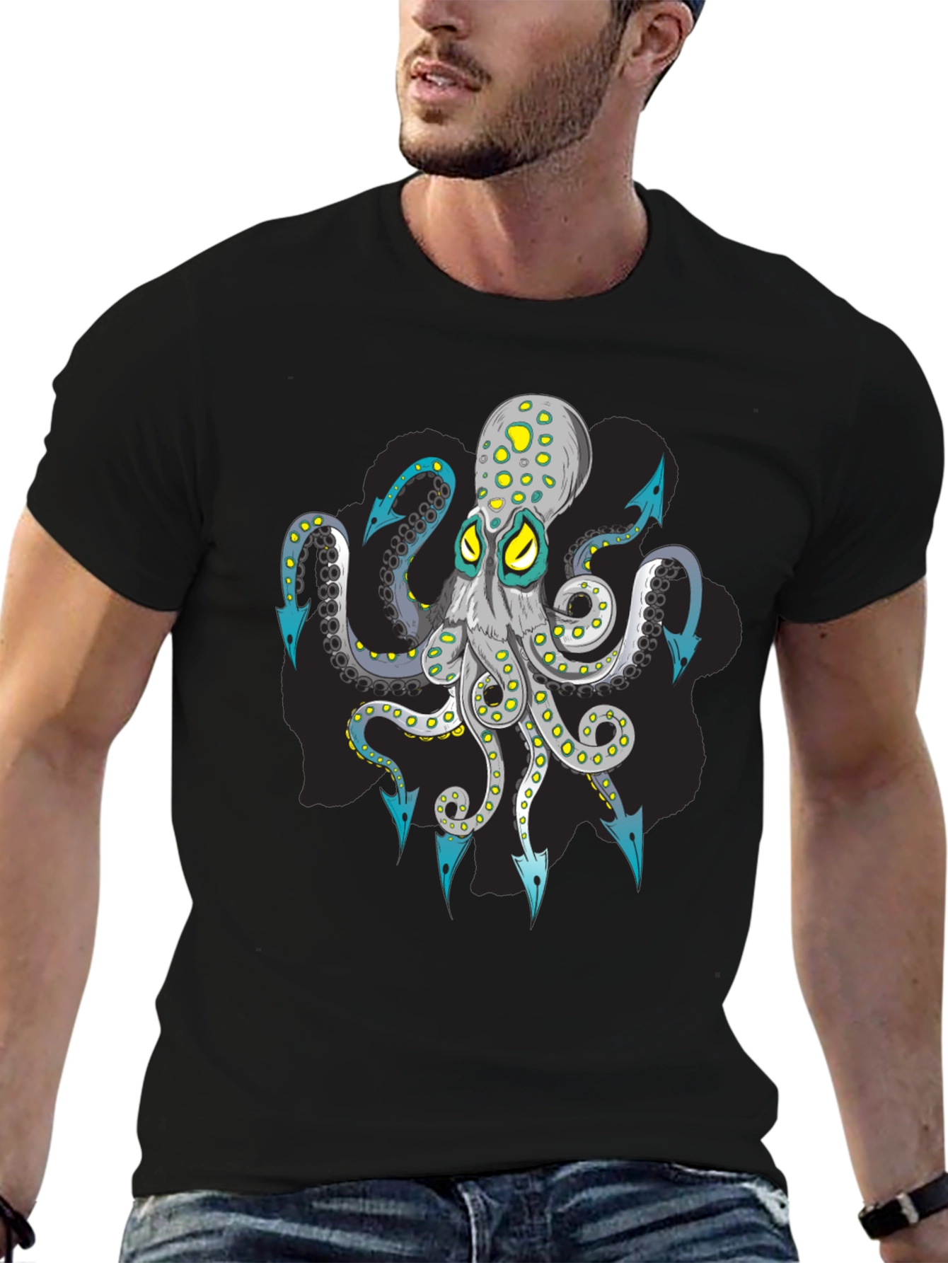 Octopus Arrow Graphic Tee - Black Cotton T-Shirt