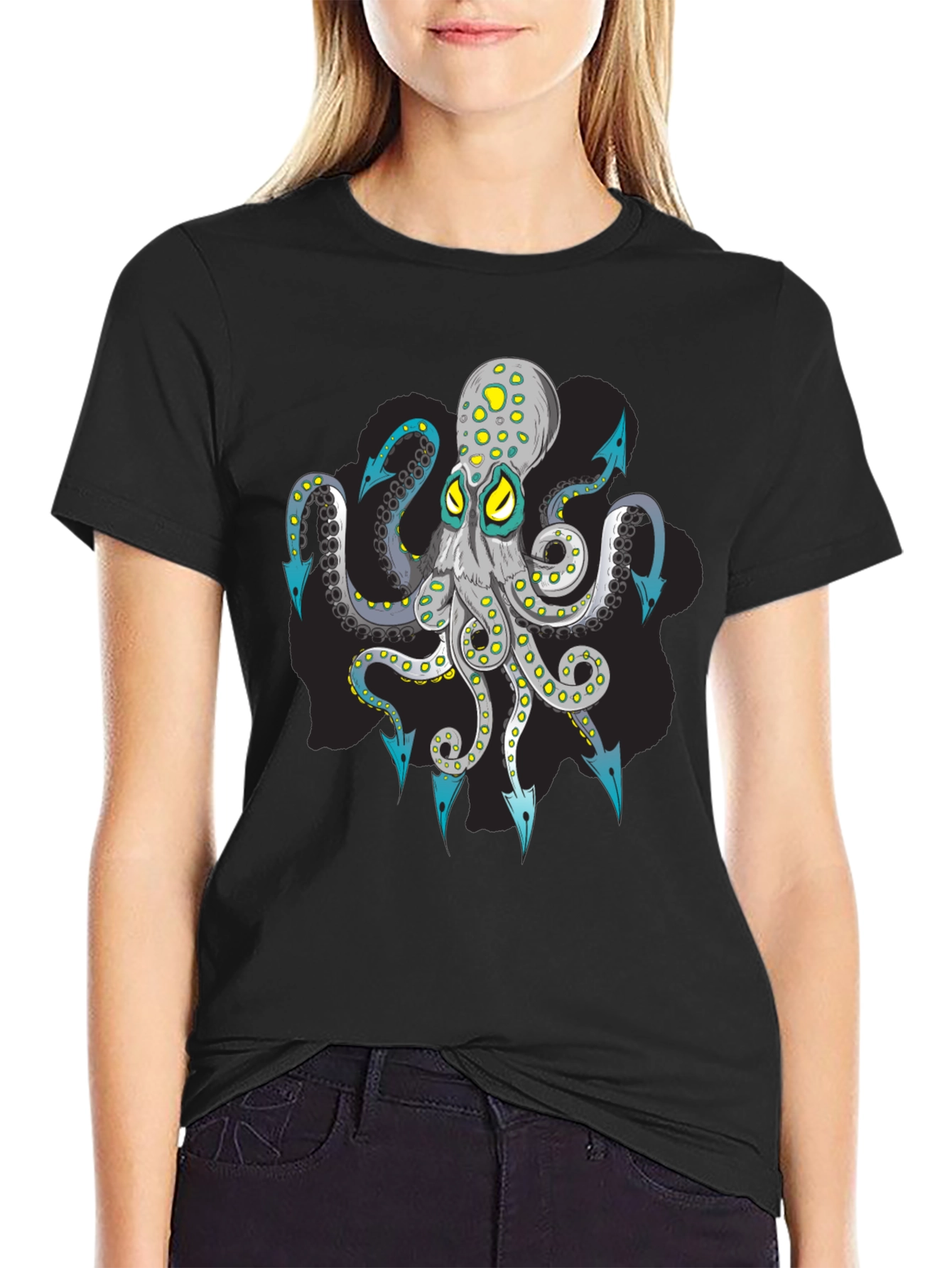 Octopus Arrow Graphic Tee - Black Cotton T-Shirt