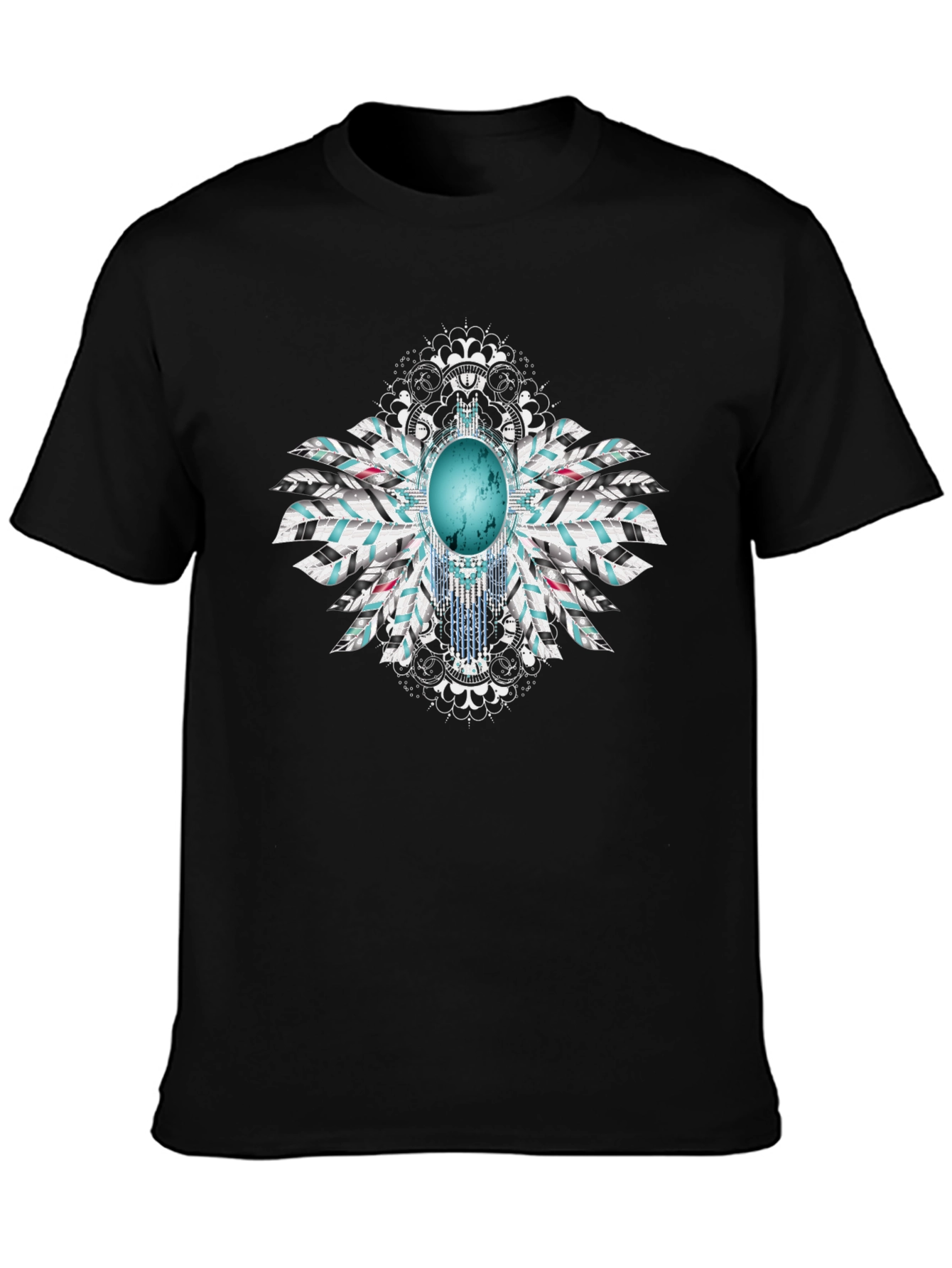 Turquoise Stone Feather Graphic Black T-Shirt