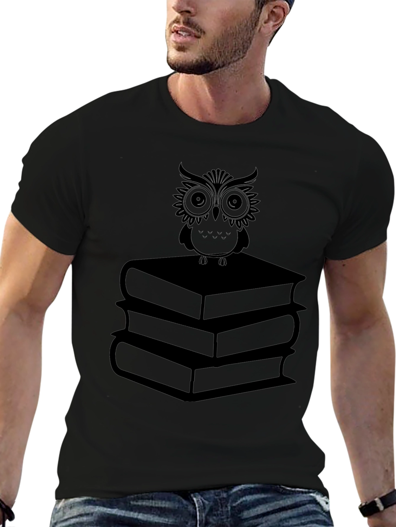 Owl on Books T-Shirt - Black Graphic Tee