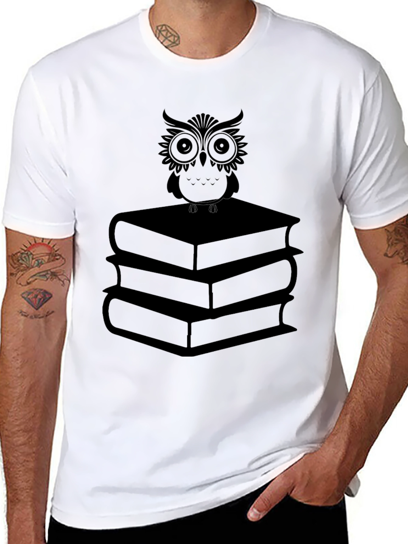 Owl on Books T-Shirt - Black Graphic Tee