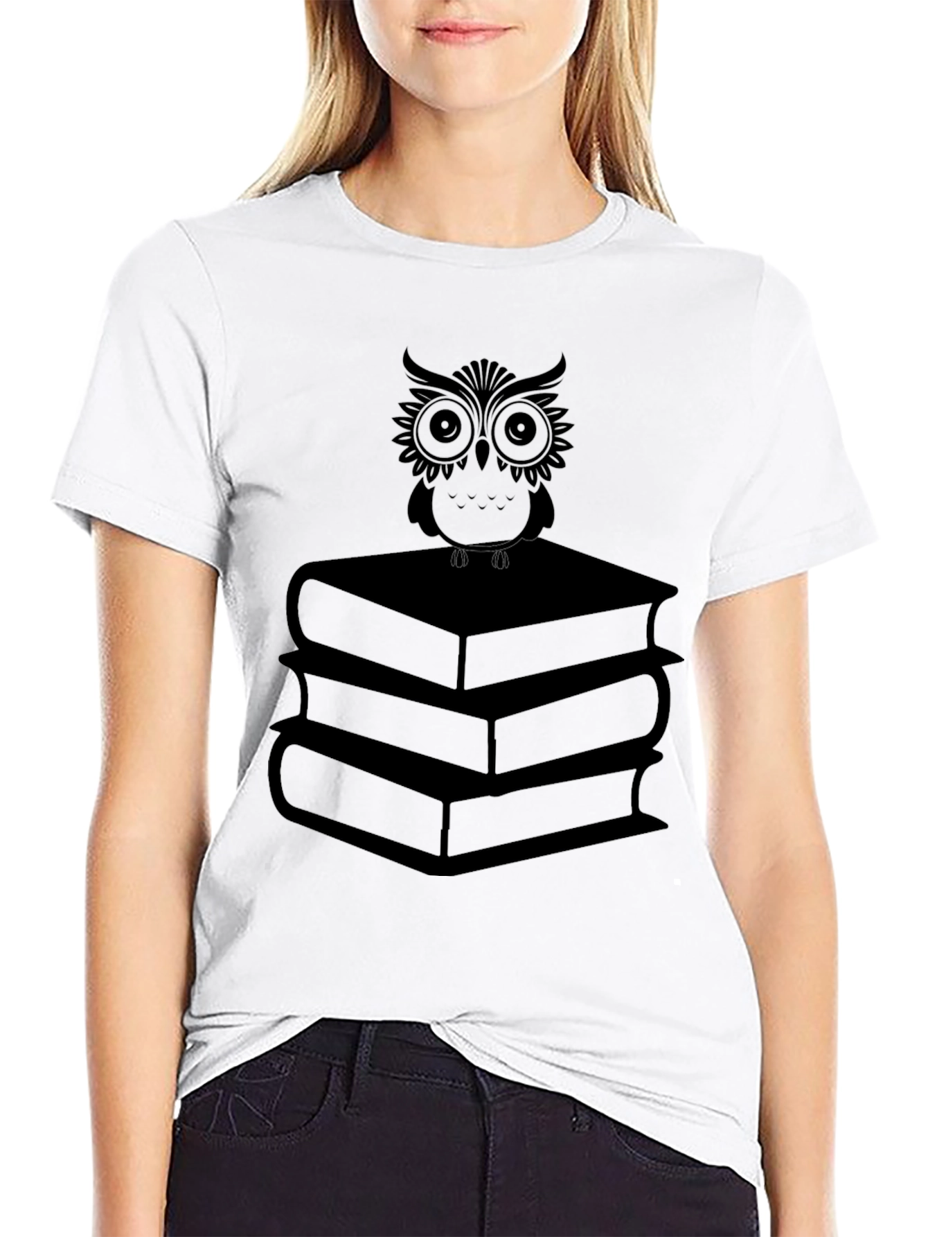 Owl on Books T-Shirt - Black Graphic Tee