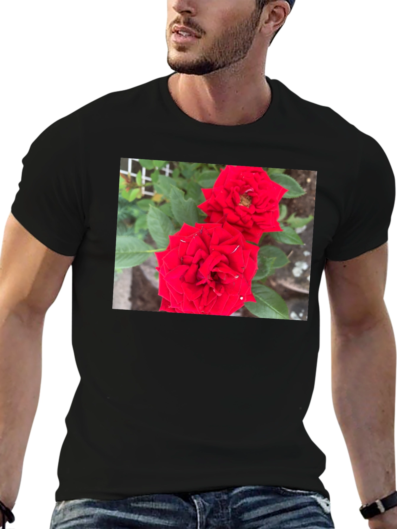 Red Rose Graphic Print Black T-Shirt