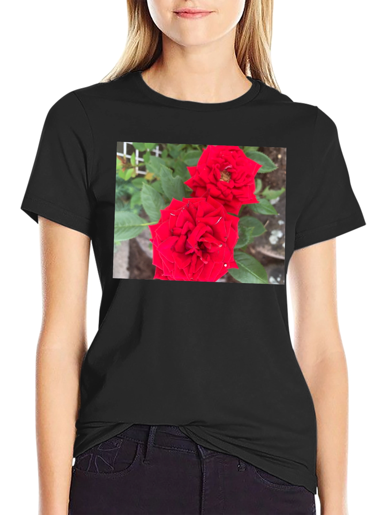 Red Rose Graphic Print Black T-Shirt
