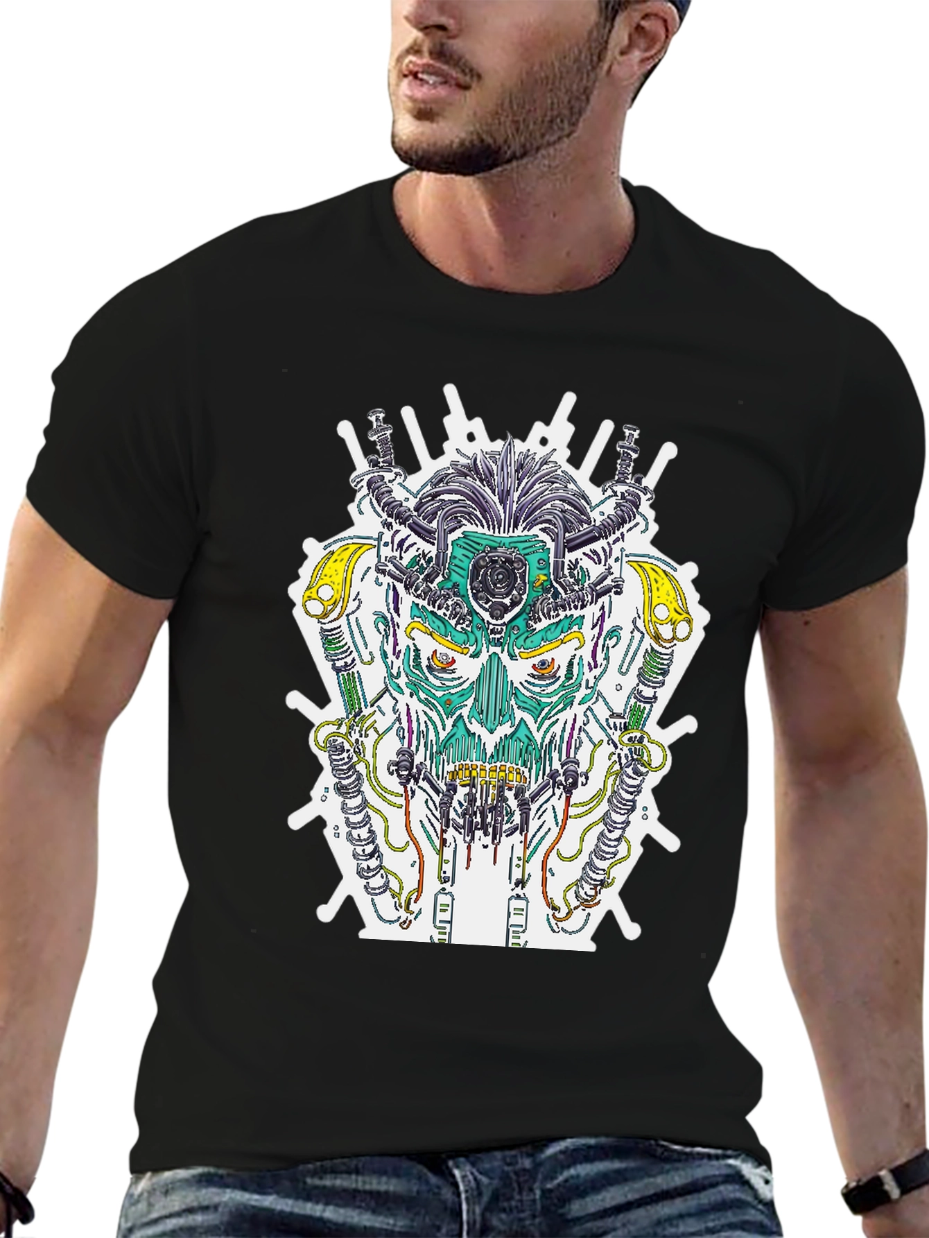 Cyberpunk Skull Graphic Tee - Sci-Fi Style T-Shirt
