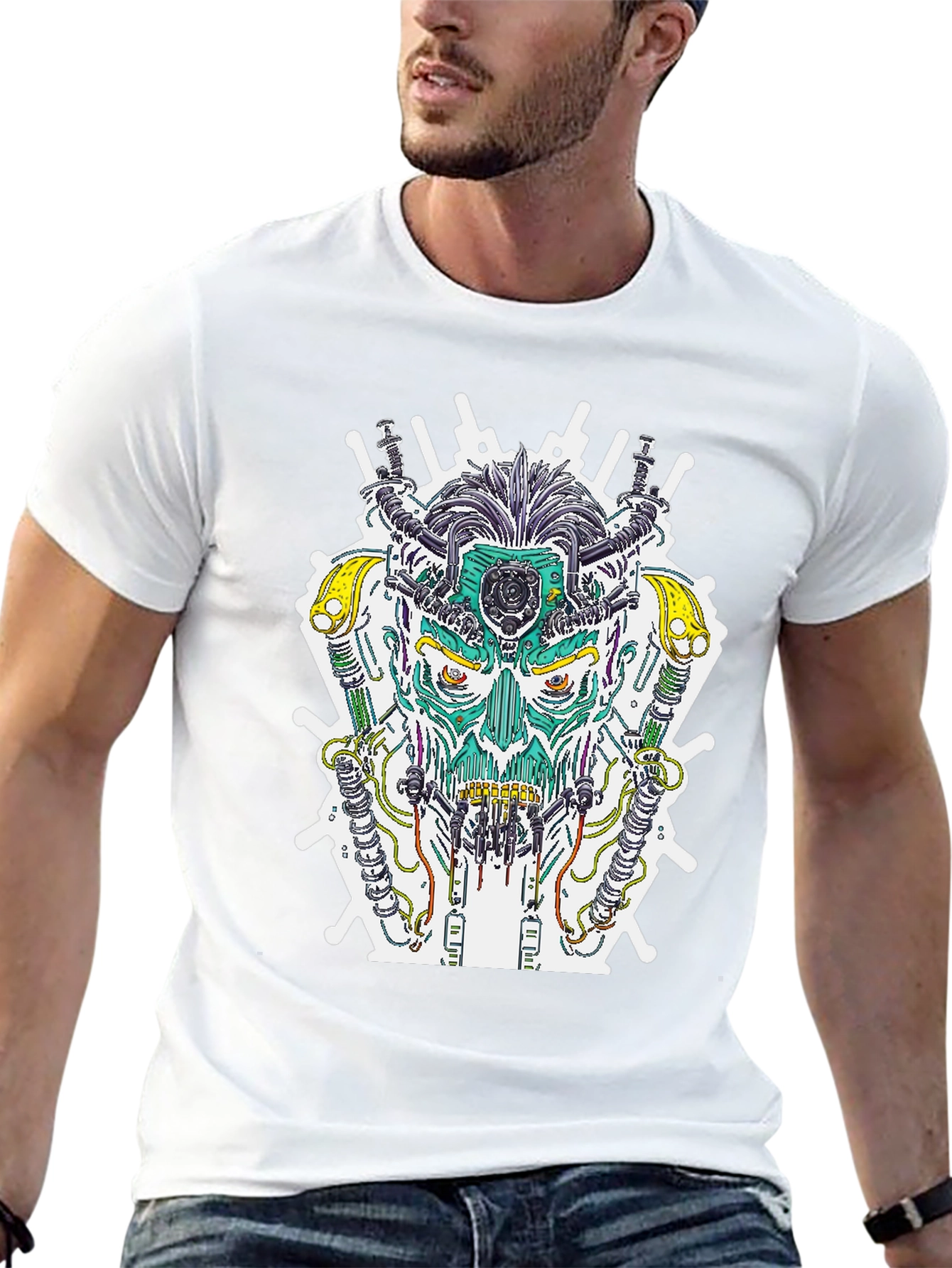 Cyberpunk Skull Graphic Tee - Sci-Fi Style T-Shirt