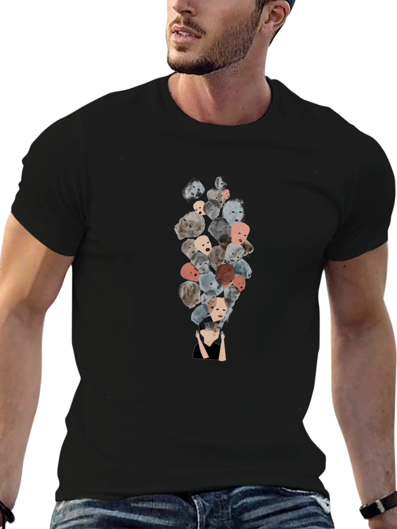 Unique Faces Graphic Print Black T-Shirt