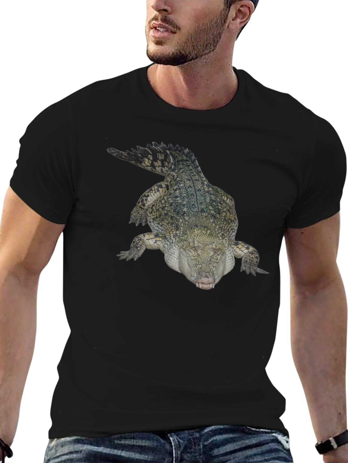 Crocodile Print T-Shirt - Black Cotton Tee