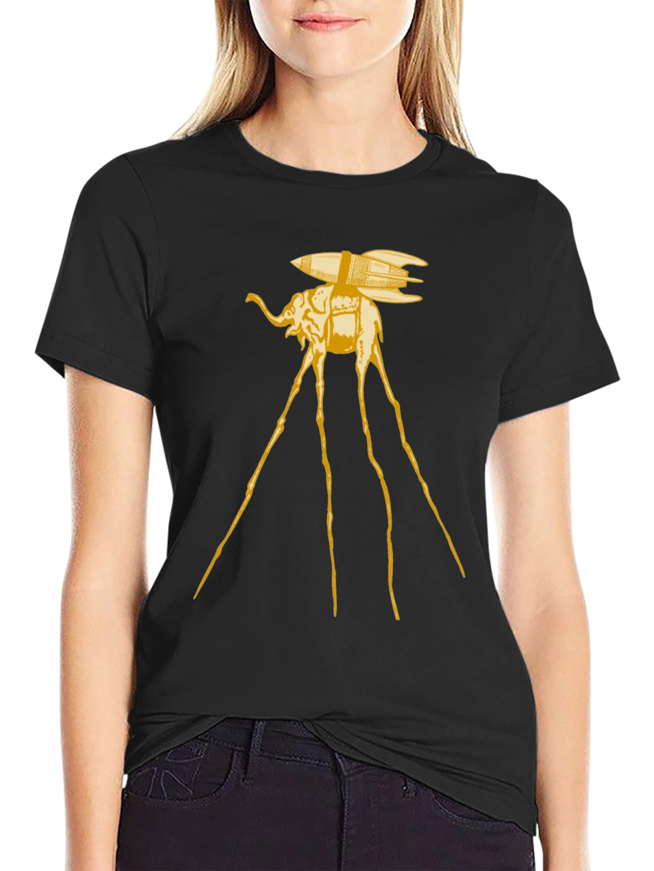 Surreal Elephant Rocket T-Shirt - Artistic Black Tee