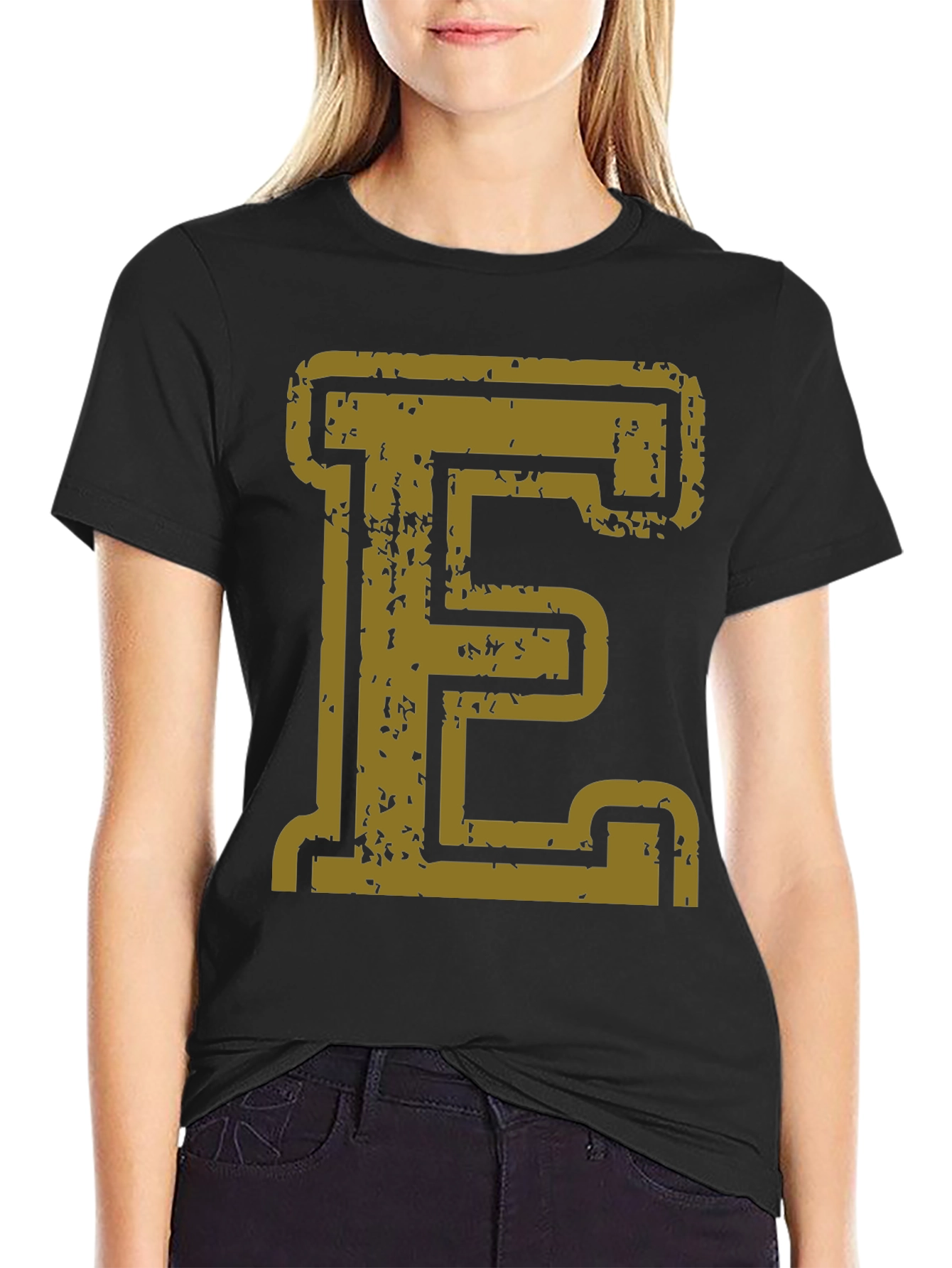 Distressed Gold Letter E Black T-Shirt