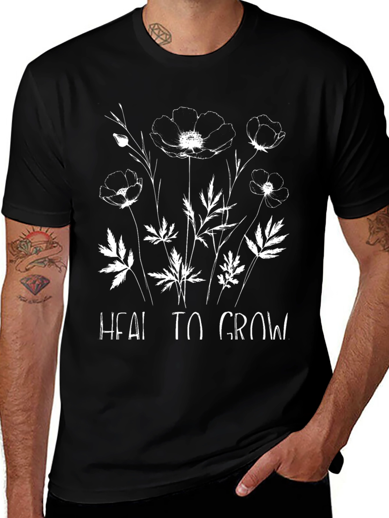 Heal to Grow Floral Graphic Black T-Shirt