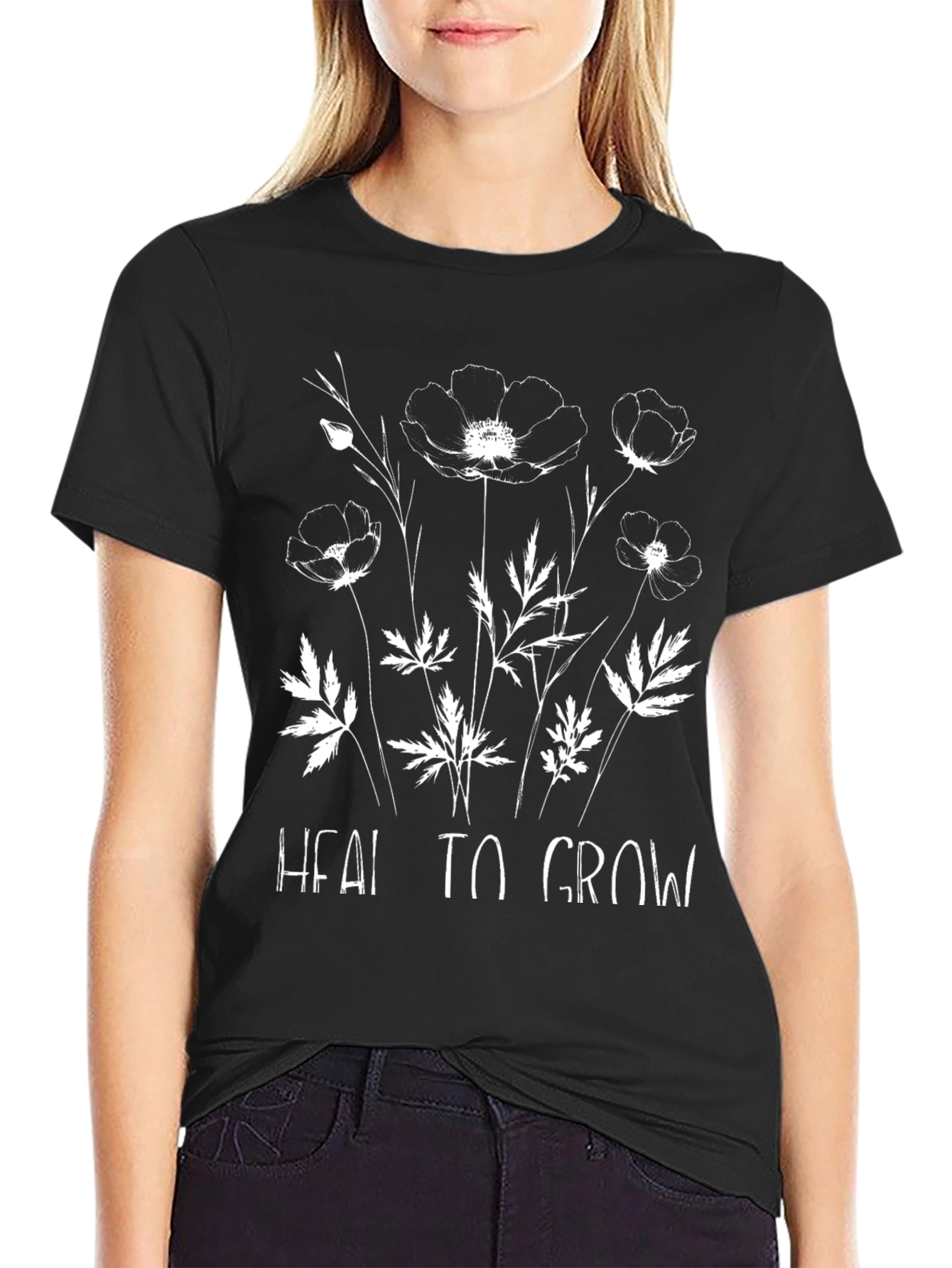 Heal to Grow Floral Graphic Black T-Shirt