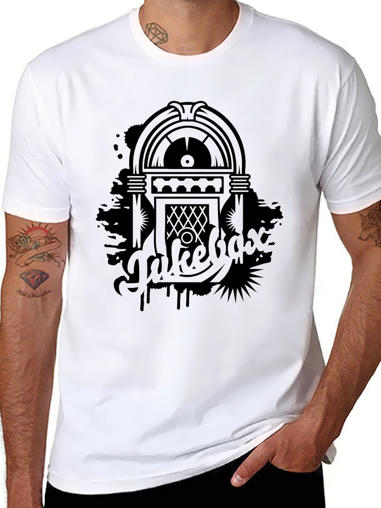 Retro Jukebox Graphic Tee - Black Cotton T-Shirt