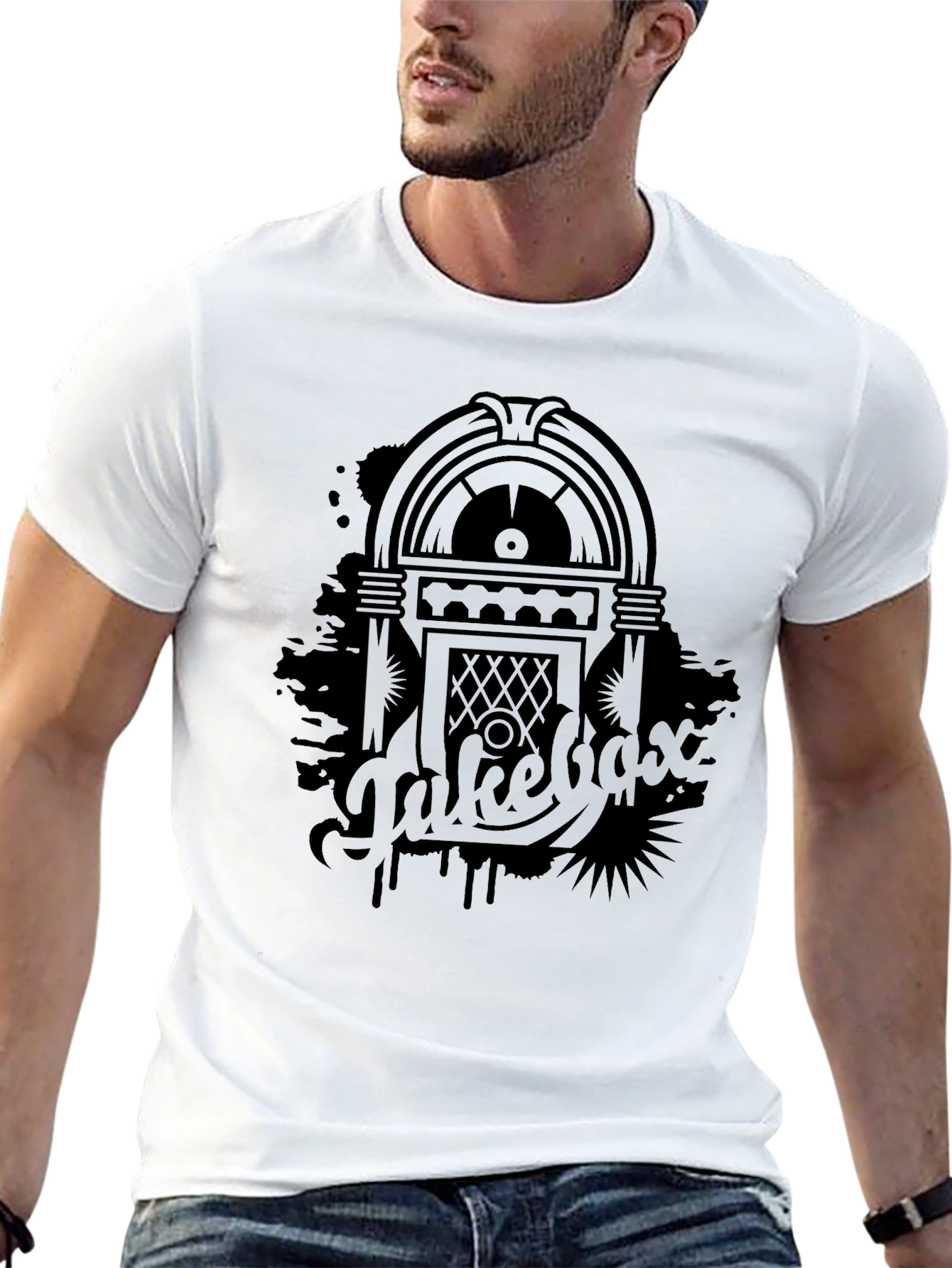 Retro Jukebox Graphic Tee - Black Cotton T-Shirt