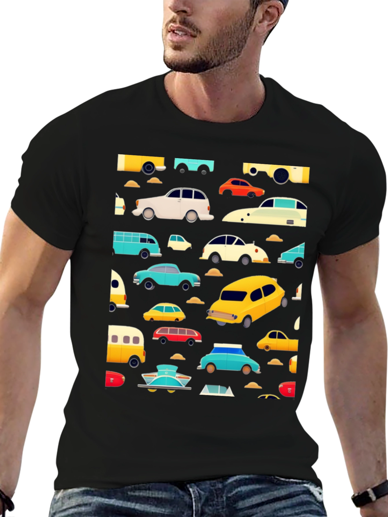 Retro Car Print Black T-Shirt