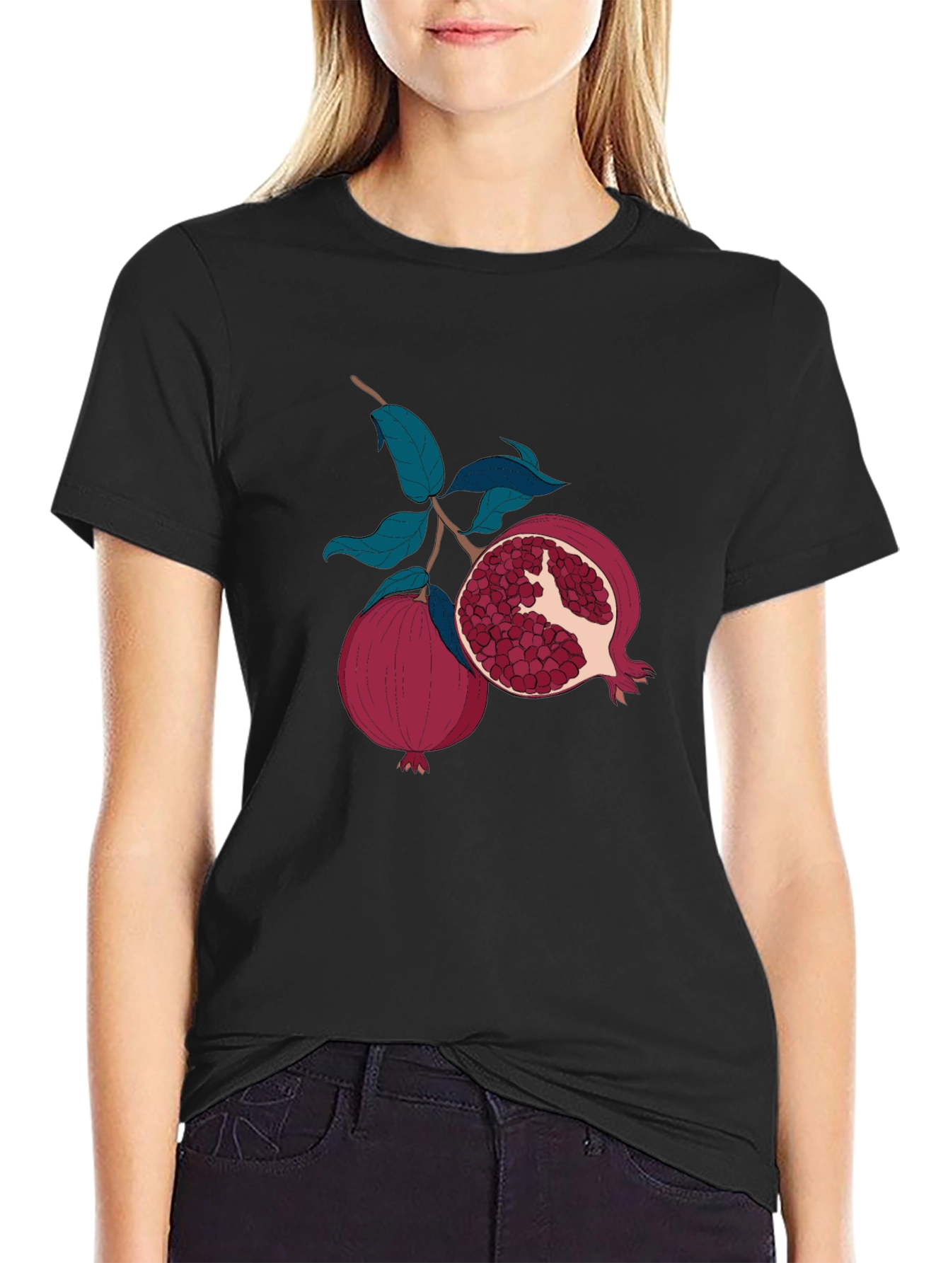 Pomegranate Fruit Graphic Print Black T-Shirt