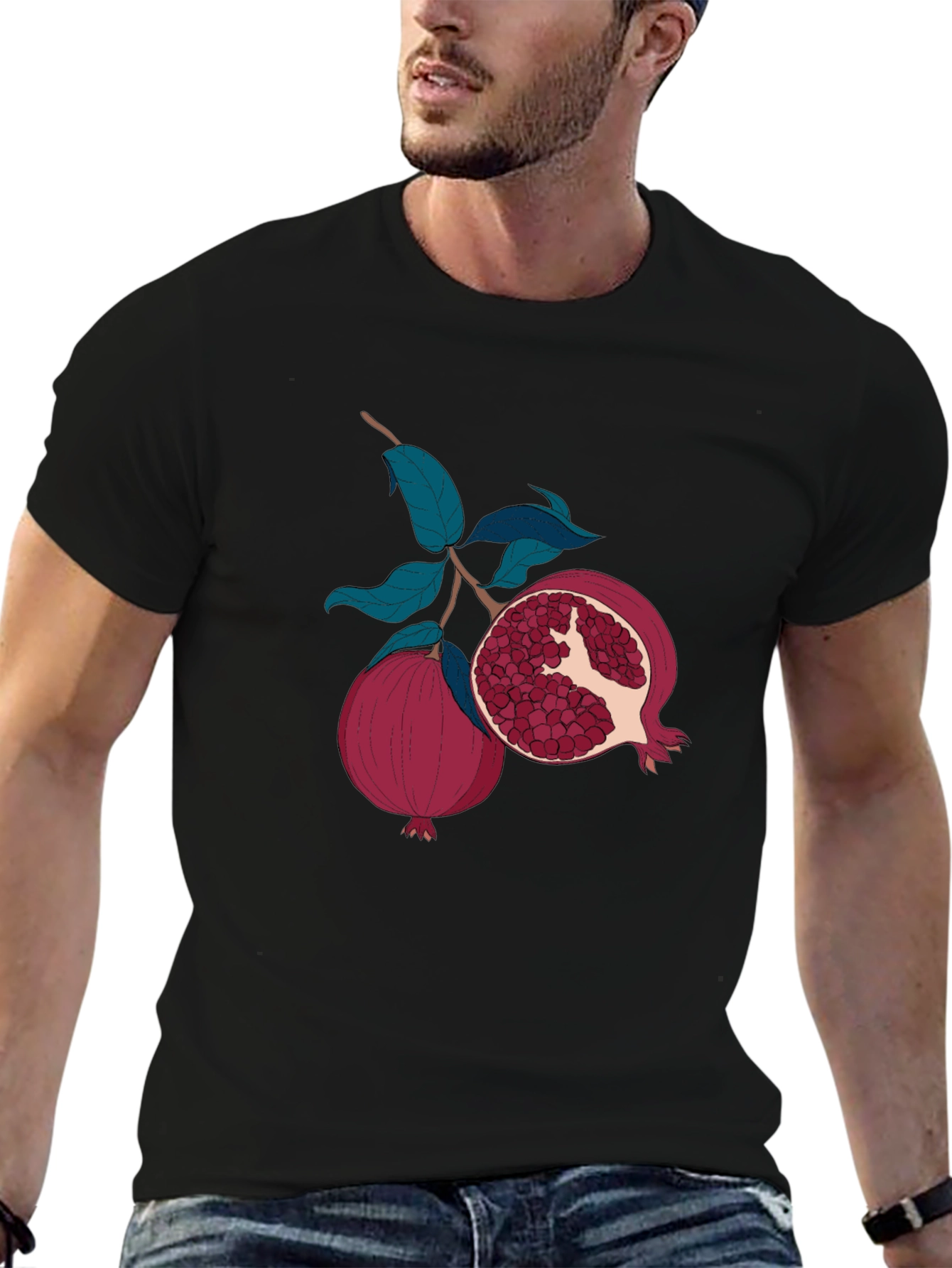 Pomegranate Fruit Graphic Print Black T-Shirt