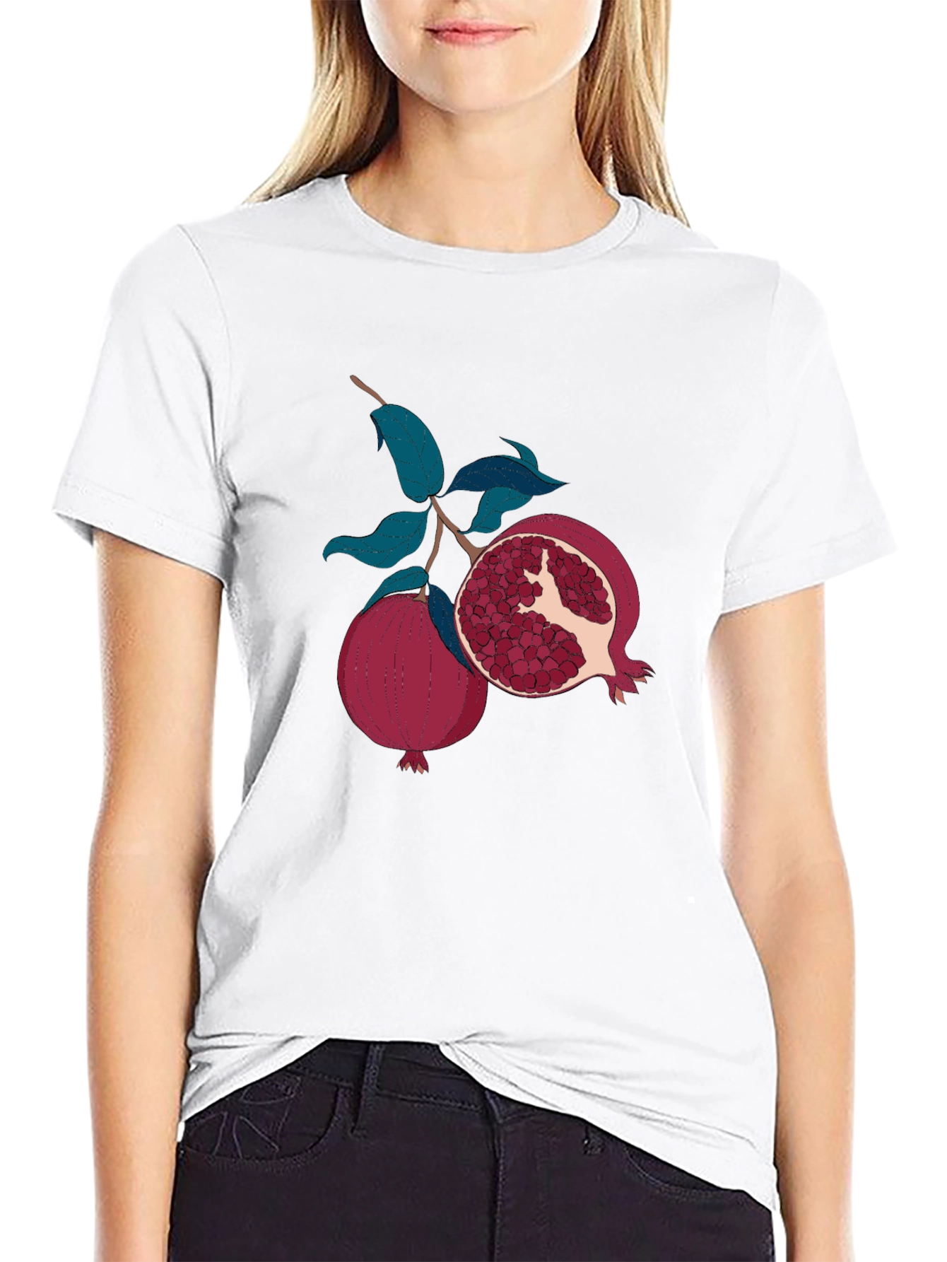 Pomegranate Fruit Graphic Print Black T-Shirt