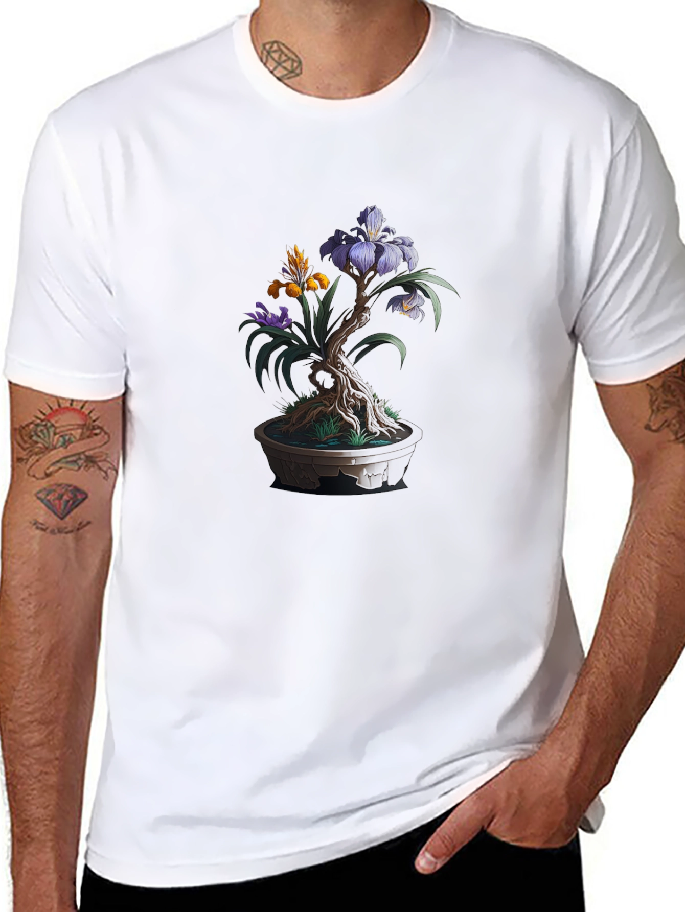 Bonsai Flower Graphic Tee - Artistic Mens Black T-Shirt