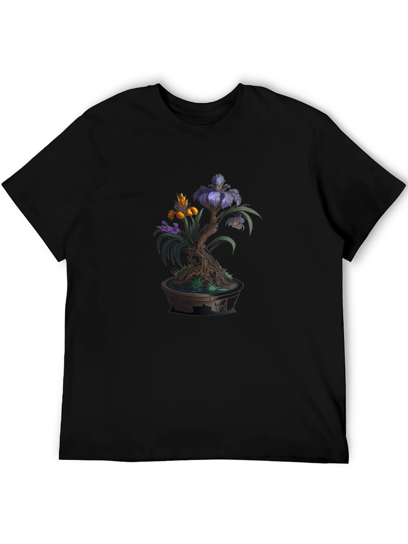 Bonsai Flower Graphic Tee - Artistic Mens Black T-Shirt