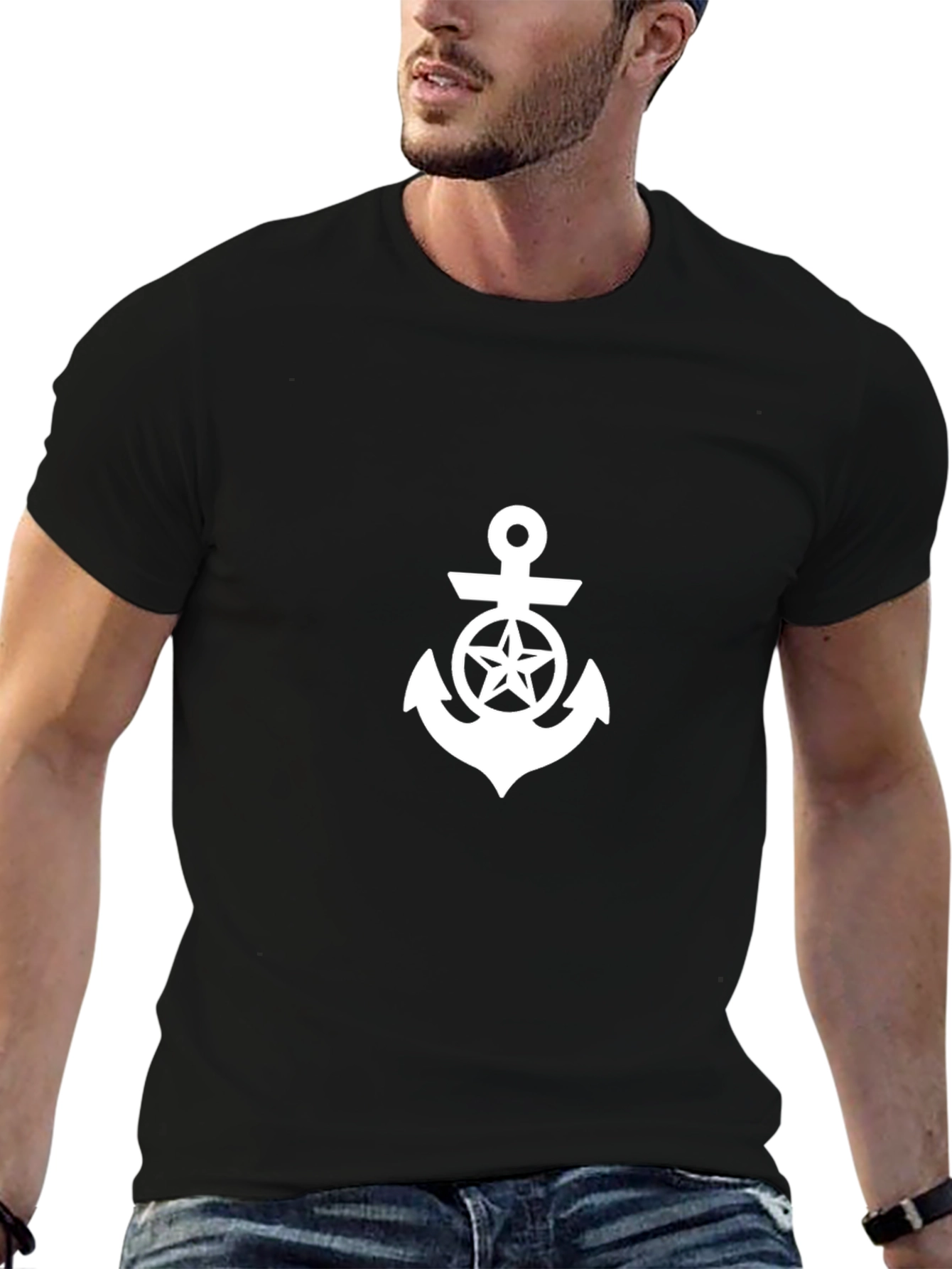 Nautical Star Anchor Graphic Tee - Black