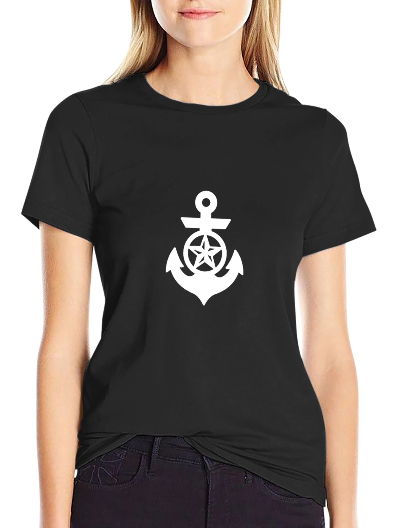 Nautical Star Anchor Graphic Tee - Black