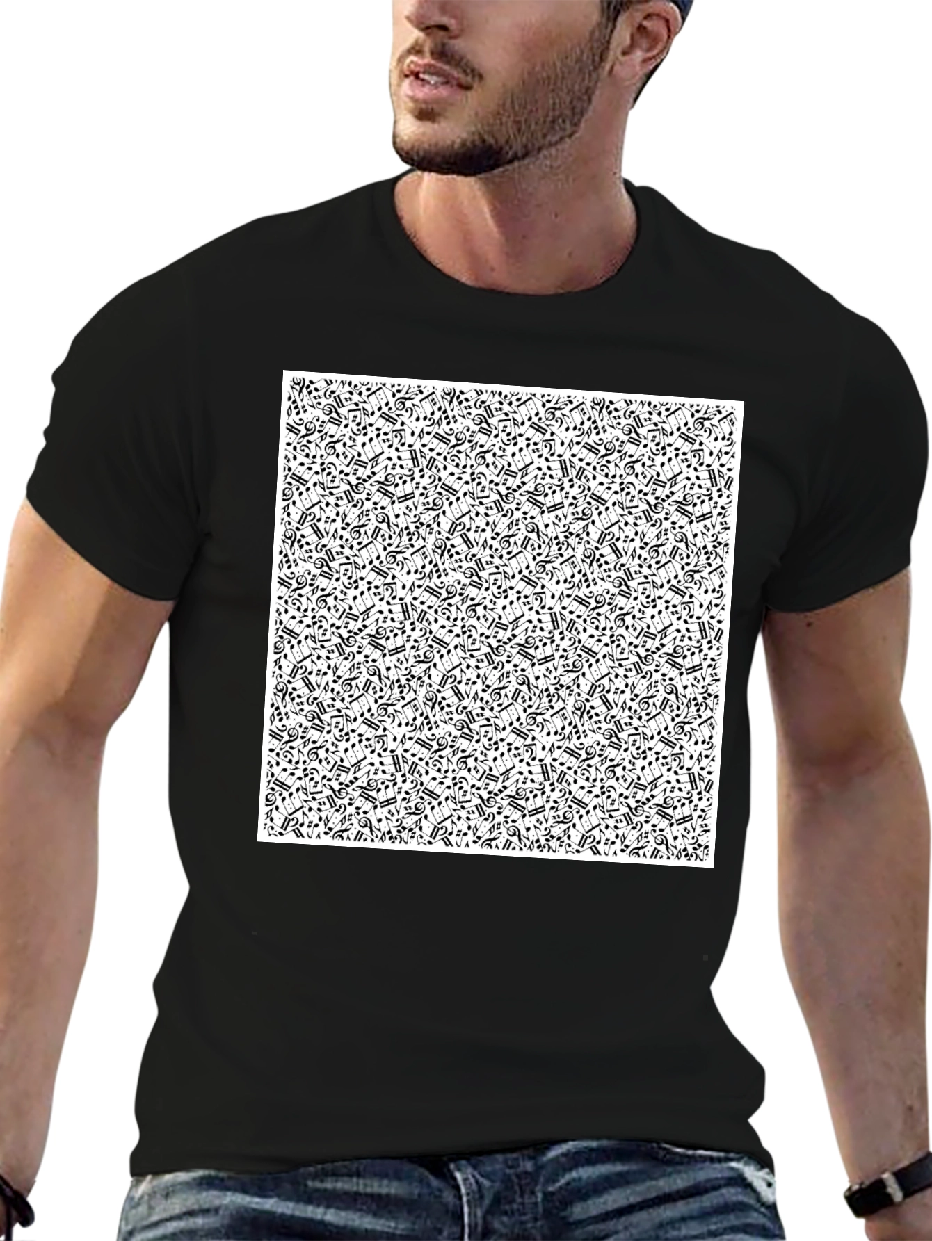 Musical Notes Pattern Black T-Shirt