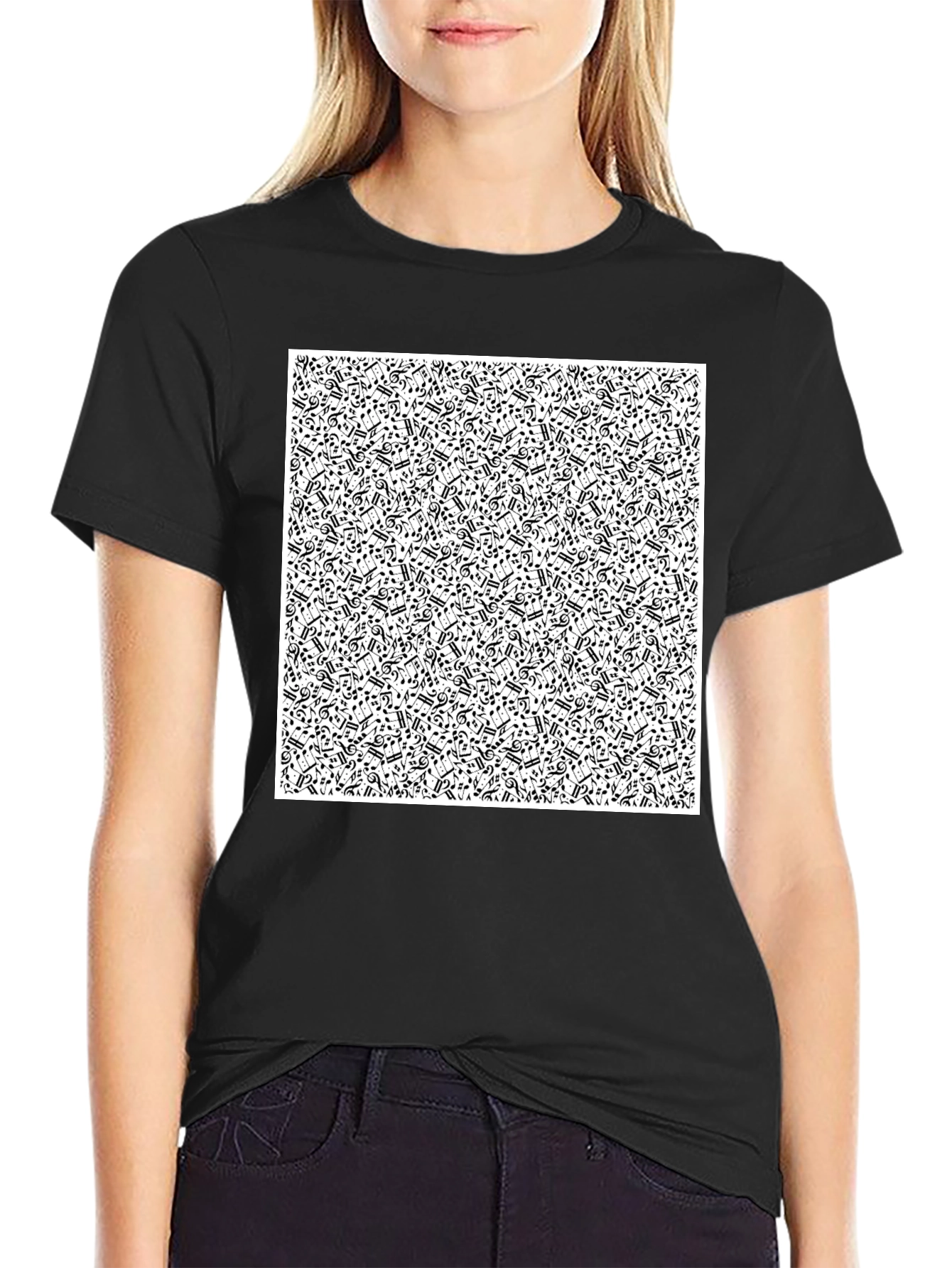 Musical Notes Pattern Black T-Shirt