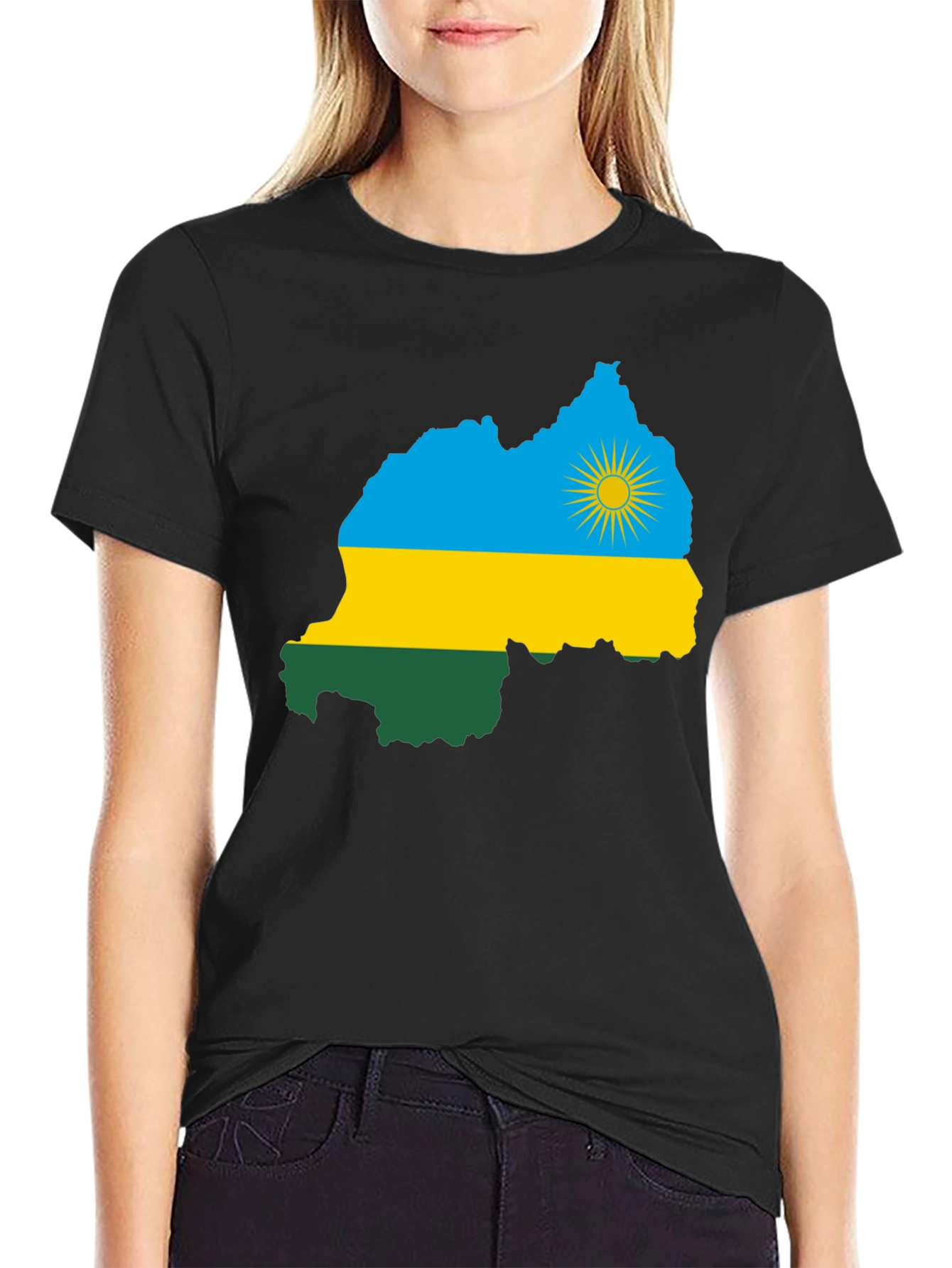 Rwanda Flag Map Graphic Tee - Black Cotton T-Shirt