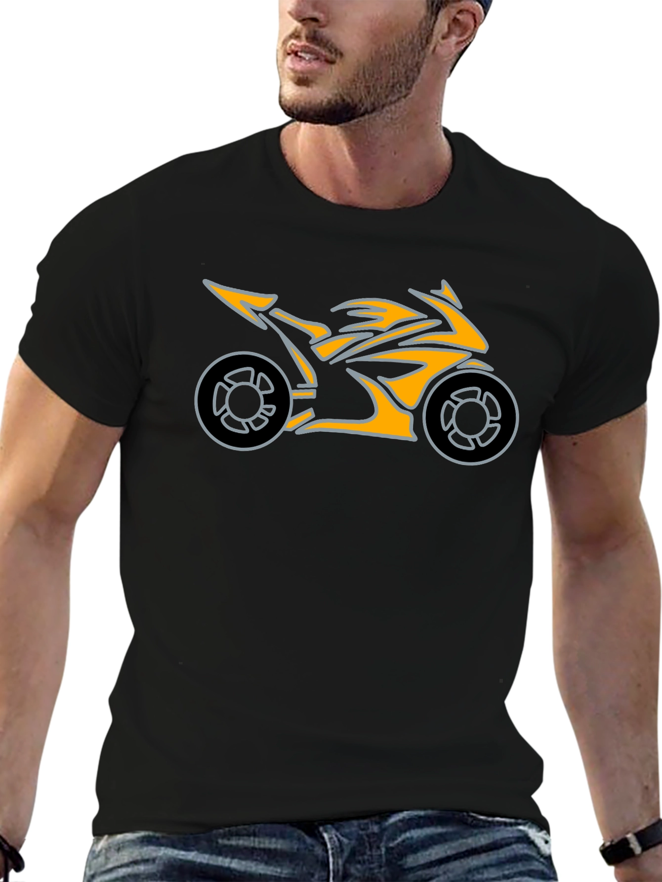 Motorcycle Graphic Tee - Black Cotton T-Shirt