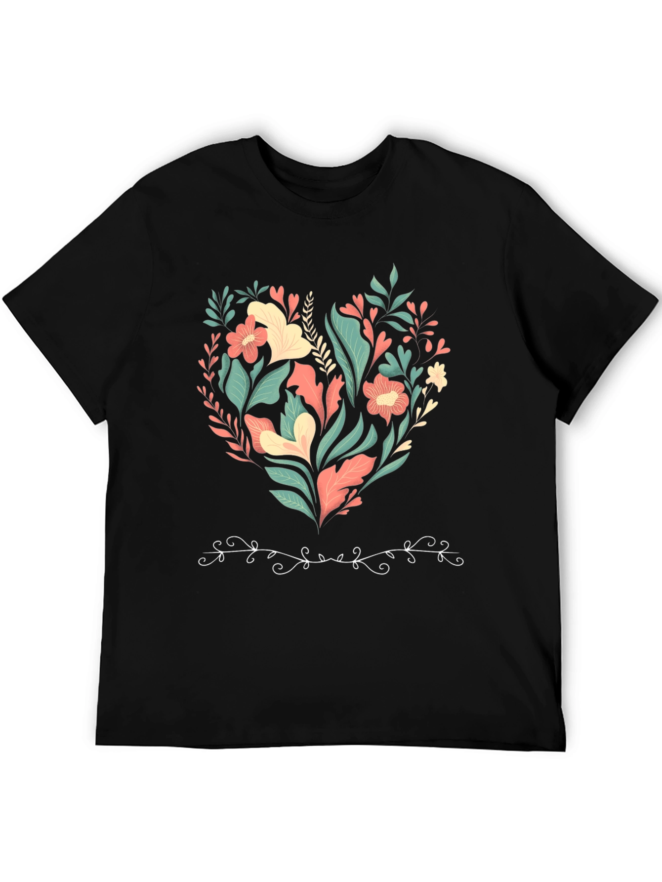 Floral Heart Graphic Print Black T-Shirt
