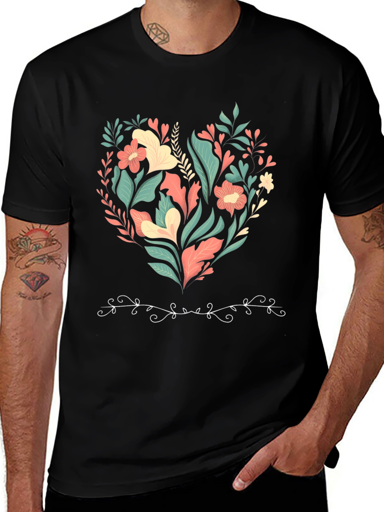 Floral Heart Graphic Print Black T-Shirt