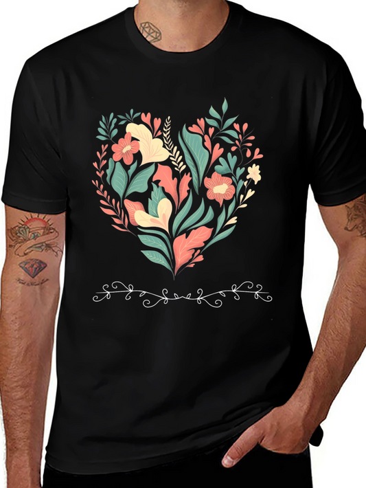 Floral Heart Graphic Print Black T-Shirt