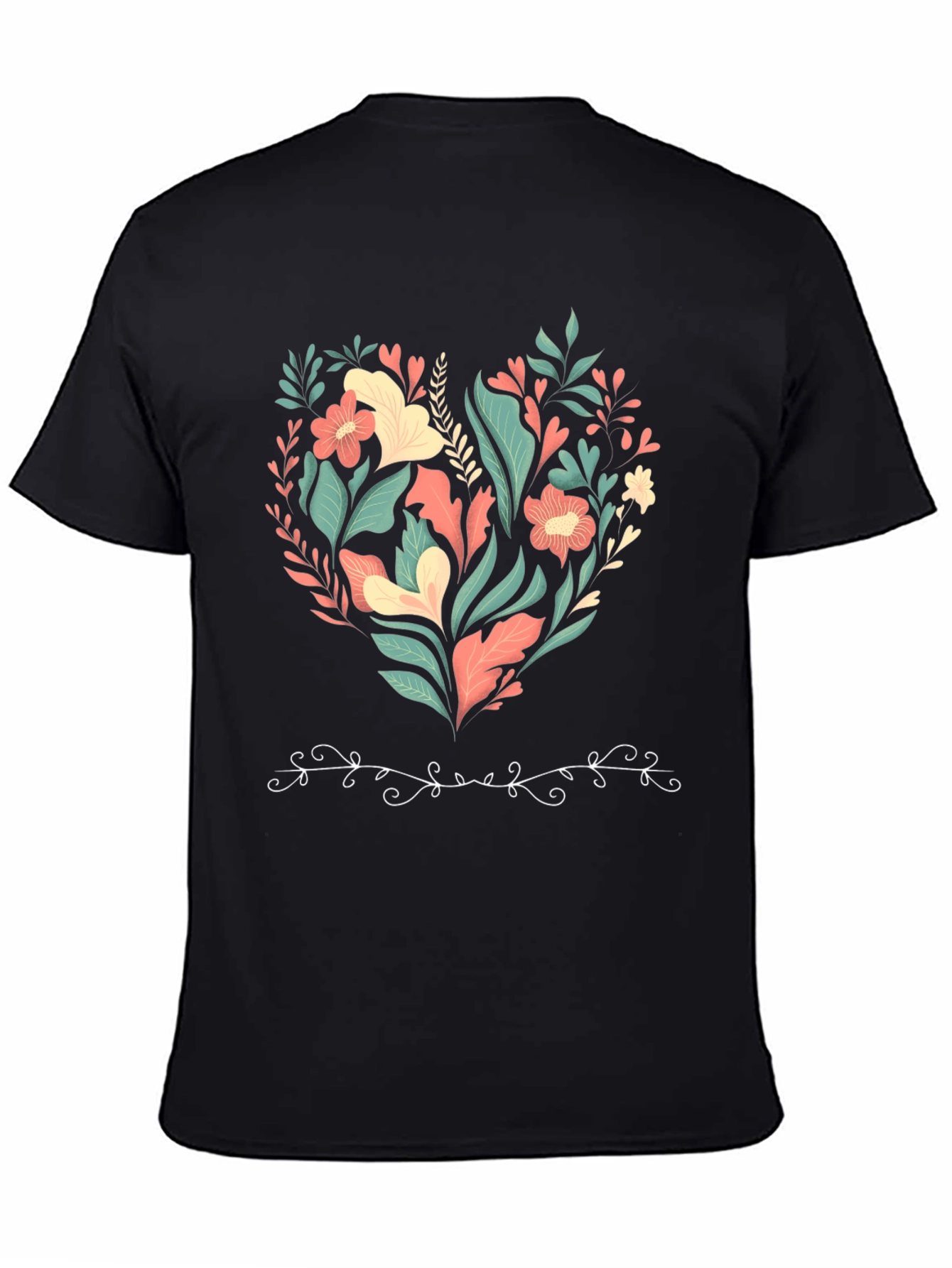 Floral Heart Graphic Print Black T-Shirt