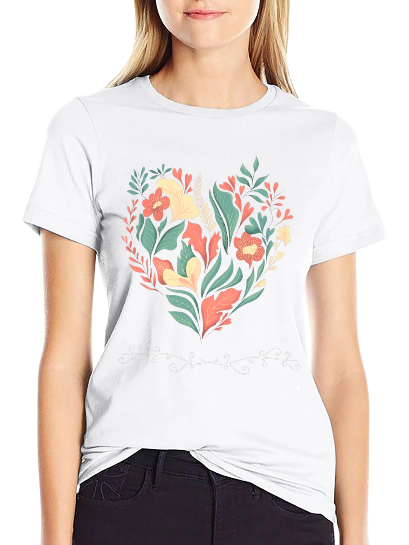 Floral Heart Graphic Print Black T-Shirt