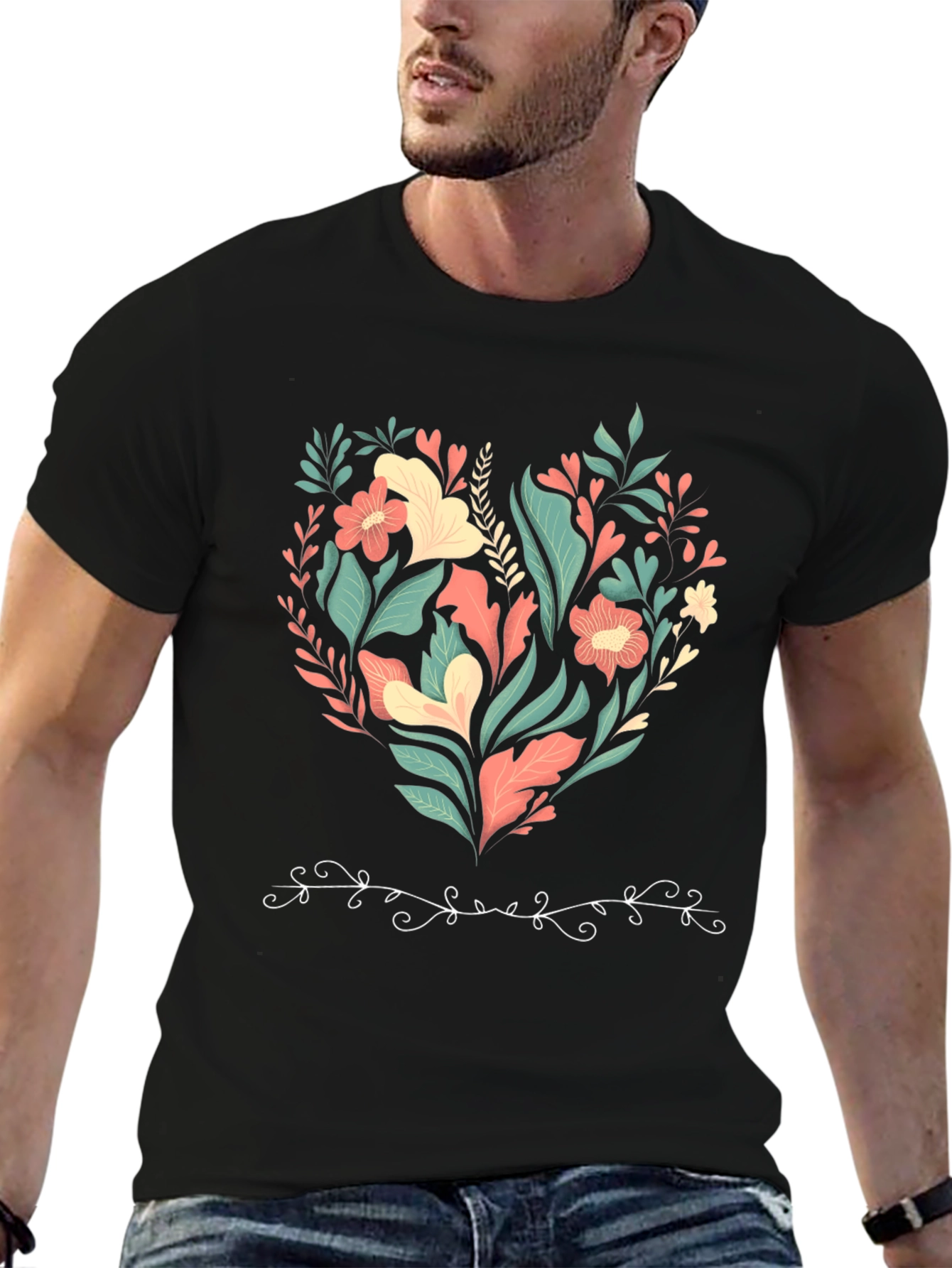 Floral Heart Graphic Print Black T-Shirt
