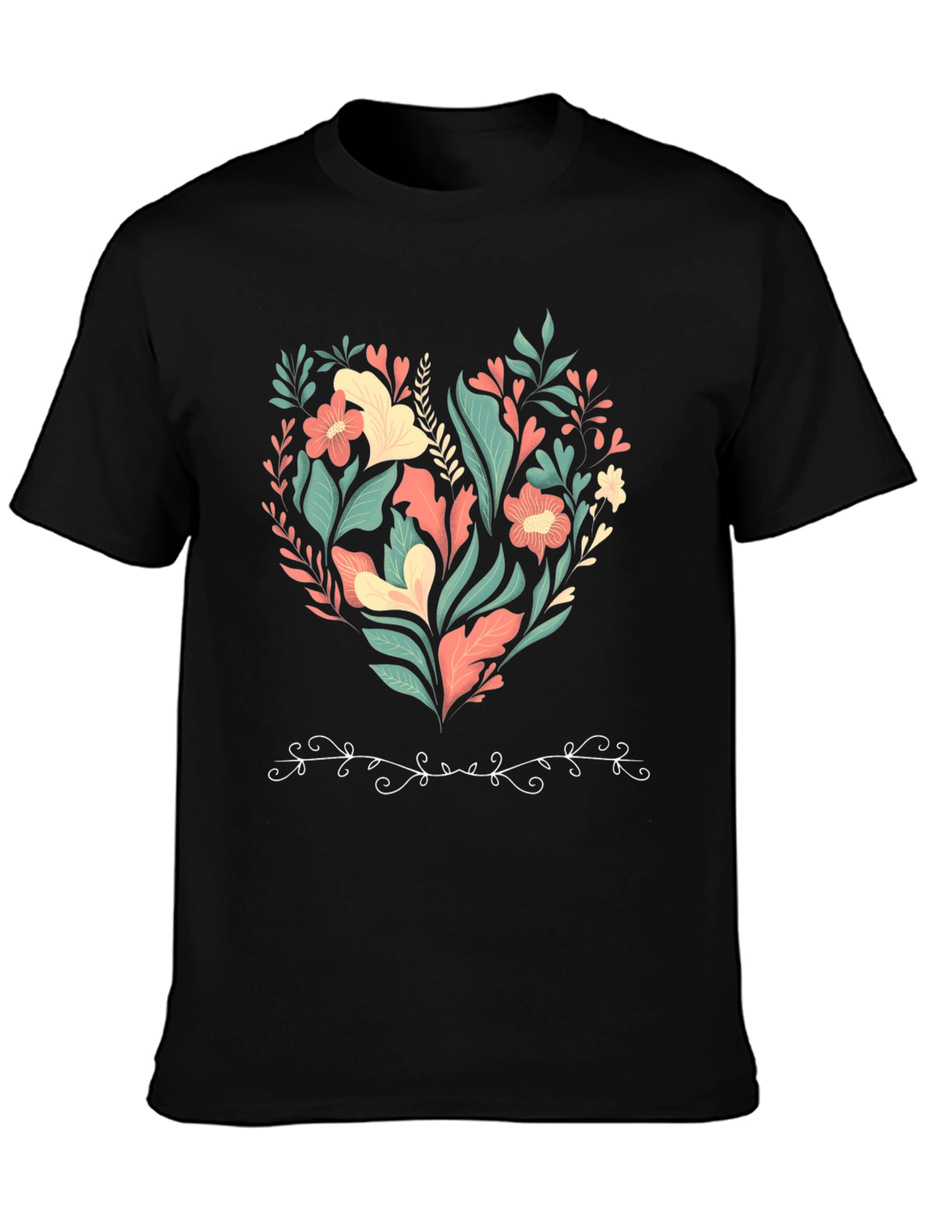 Floral Heart Graphic Print Black T-Shirt