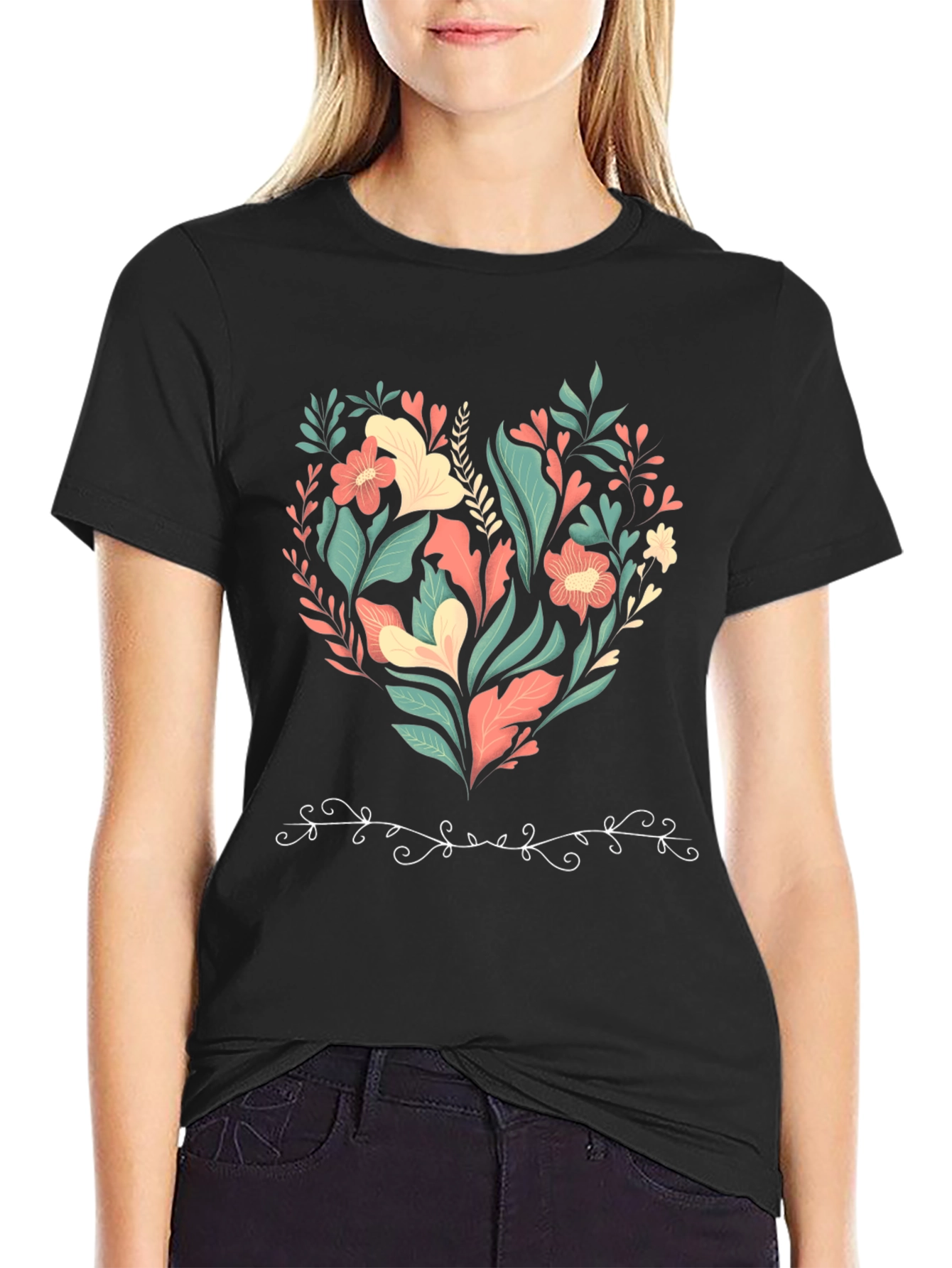 Floral Heart Graphic Print Black T-Shirt