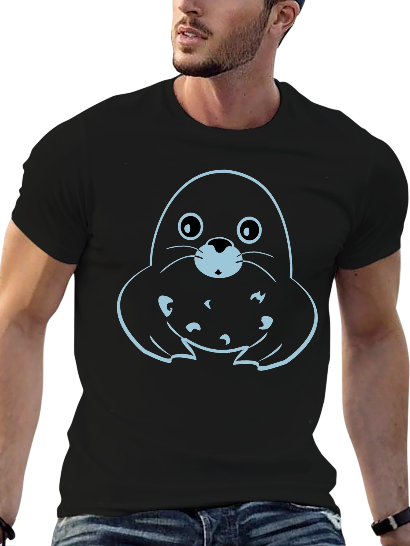 Cute Seal Graphic Tee - Black Cotton T-Shirt