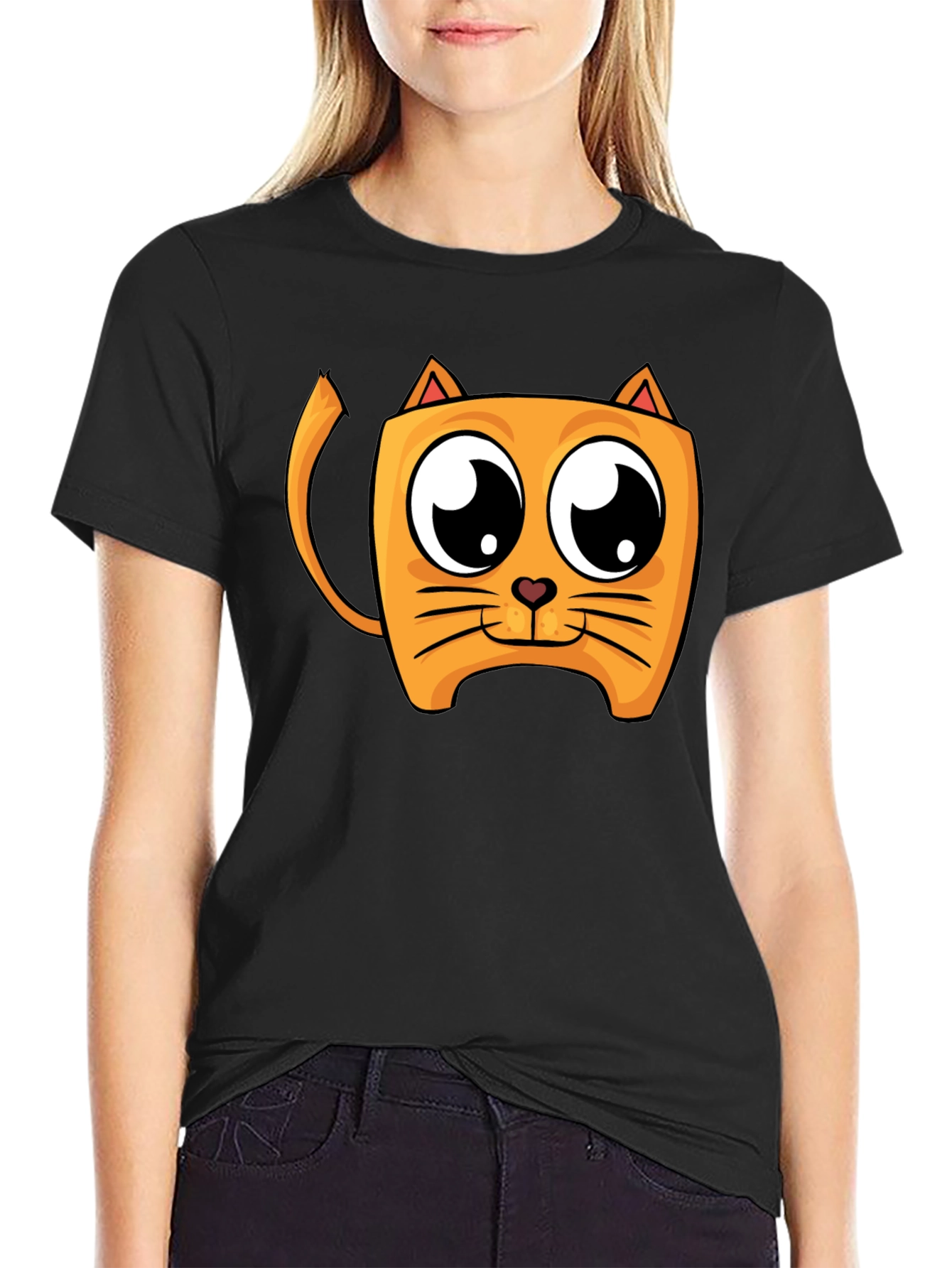 Cartoon Cat Graphic Black T-Shirt